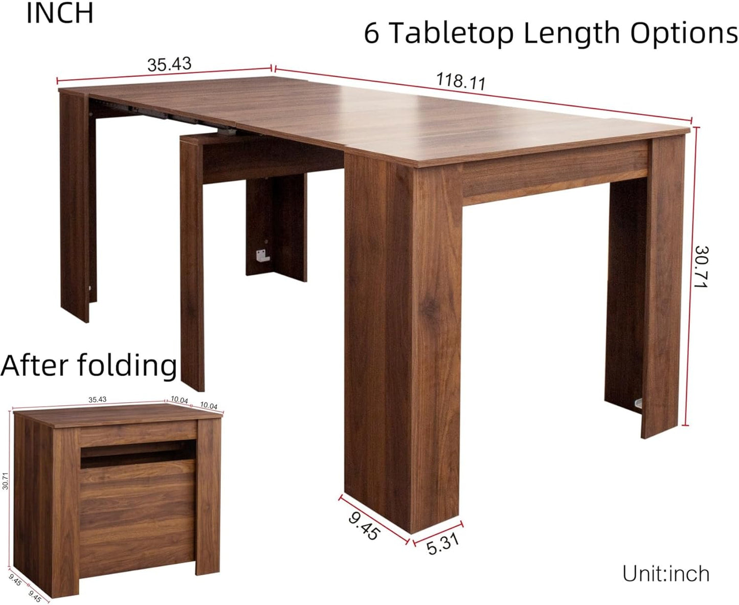KEIKI 20”-118.5”L Extendable Foldable Dining Room Table for 1-10 People, Wood Modern Rustic Rectangle Expandable Kitchen Living Meeting Room Furniture, 6 Tabletop Length Options, Walnut