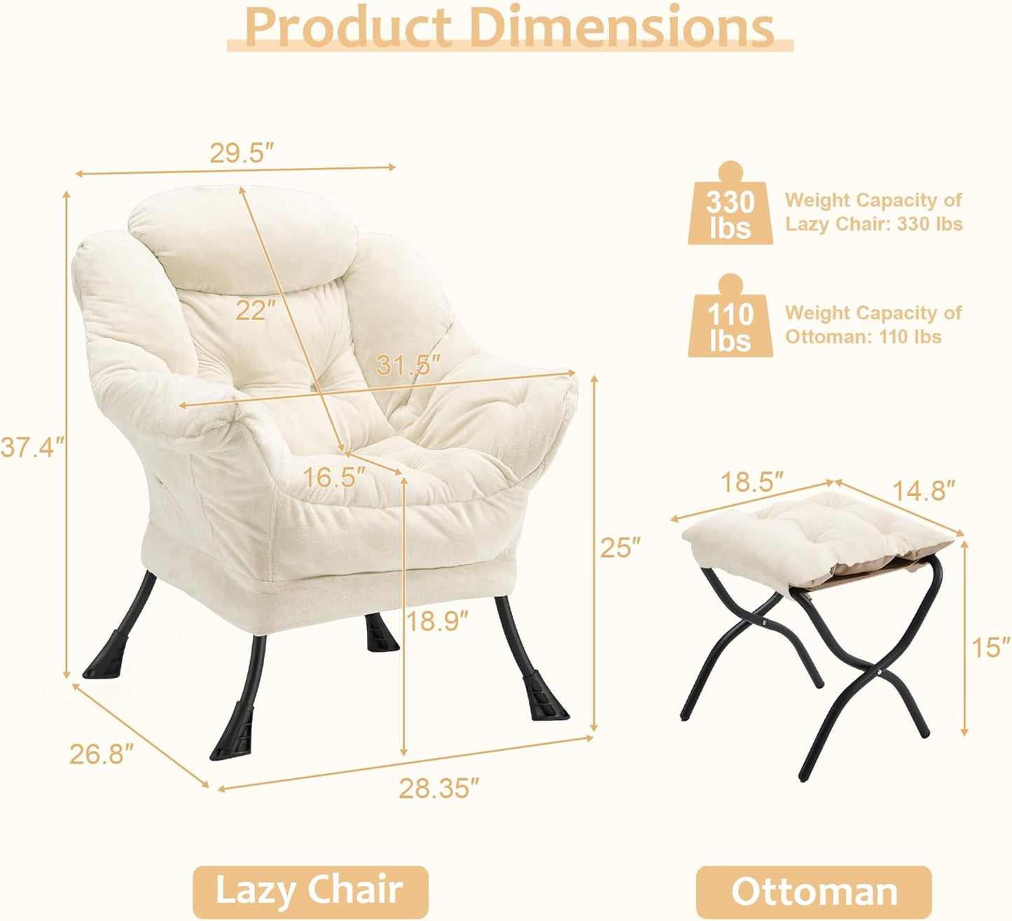 Fabric Lazy Chair with Ottoman, Oversized Upholstered Sofa Chair for Adults, Plush Comfy Lounge Chair with Large Side Storage Pocket, Reading Chair for Living Room, Bedroom, Study Room, Beige