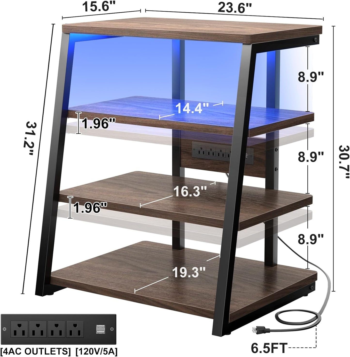 Armocity 4-Tier AV Media Stand with Power Strips, Corner TV Stand with LED Lights, Rack Audio Tower with Adjustable Shelves, Corner Entertainment Center, 30'', Black Walnut