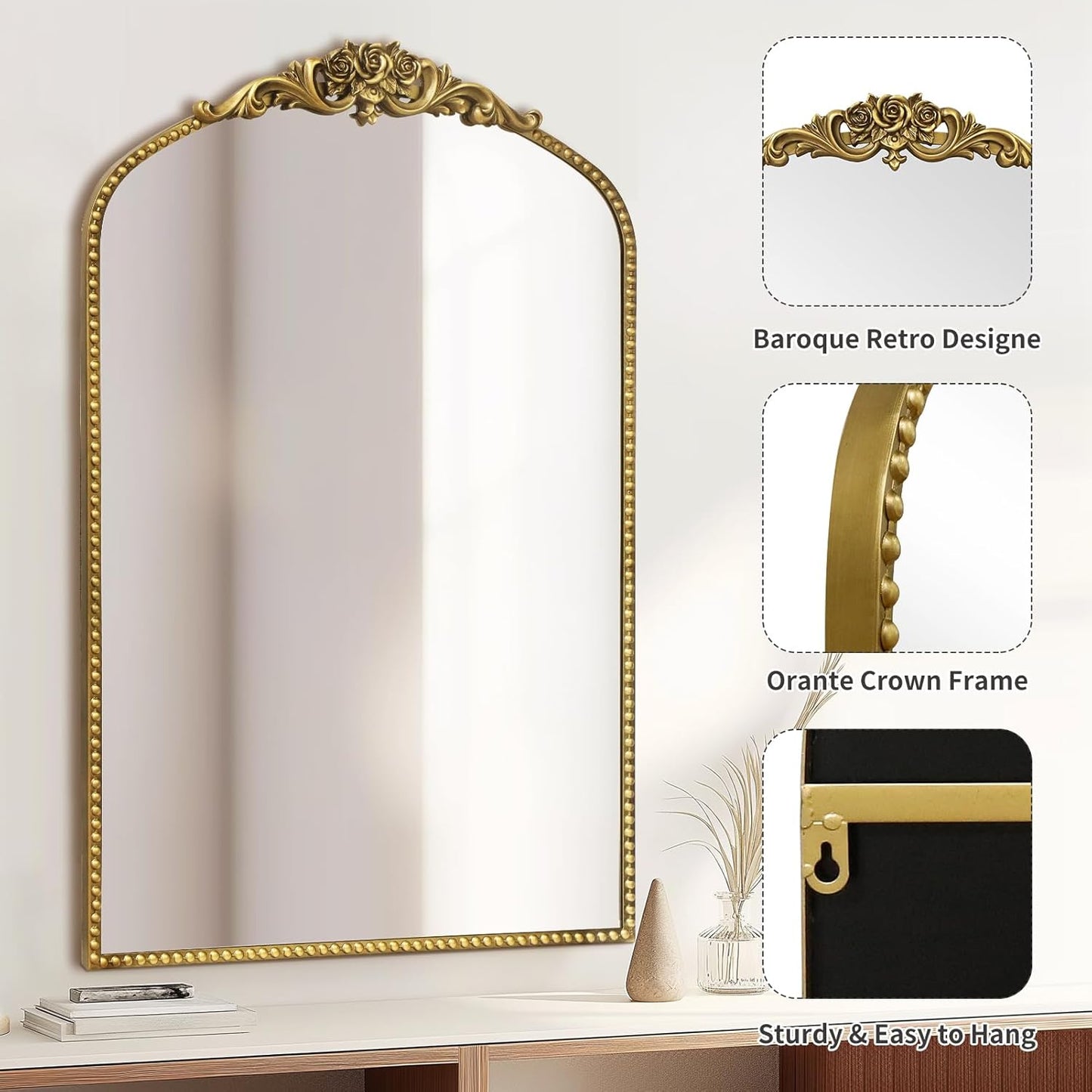 AIXI HOME Vintage Gold Arched Mirror 24"x36", Traditional Arendahl Antique Mirror with Ornate Metal Frame, Baroque Wall Mounted Mirrors for Entryway/Bathroom/Living Room/Hallway/Bedroom