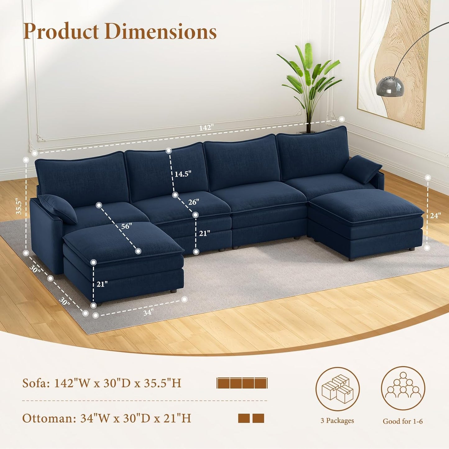 Vesgantti 142" U Shaped Sectional Couch, Comfy Cloud Modular Sectional Sofa with 2 Ottoman Deep Seat Chenille Modern Cloud Sofa, Modular Sofas for Living Room, Bedroom and Apartment, Blue