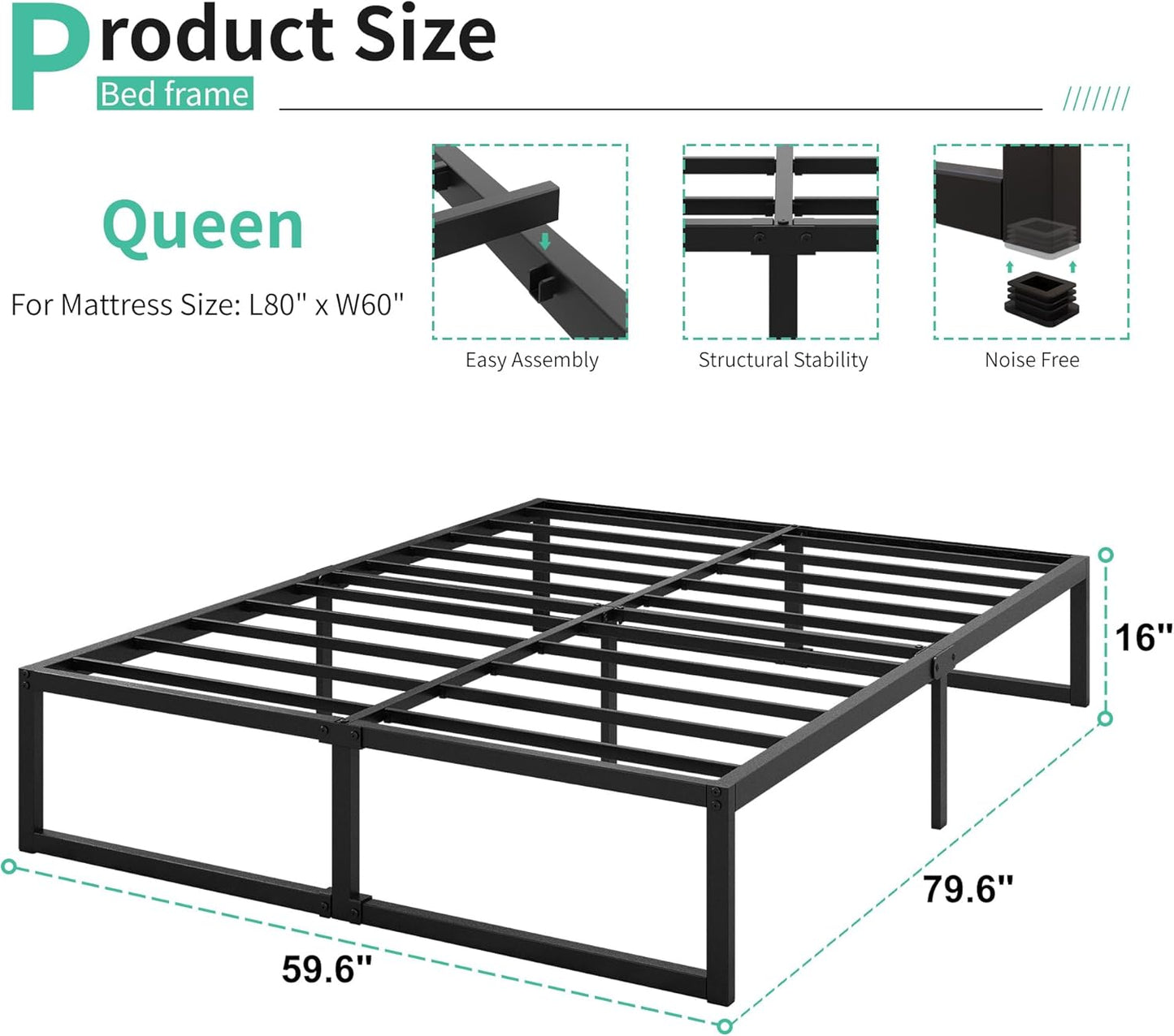 16 Inch Bed Frame Queen Size Heavy Duty Steel Slat Support Metal Platform Queen Bed Frame No Box Spring Needed, Easy Assembly, Black