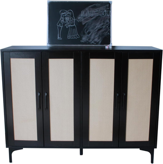 Buffet Sideboard, Side Storage Cabinet, entryway Cabinet, Buffet Sideboard with Rattan, Featuring 4 Doors and Adjustable Shelves, Suitable for Living Room (Black)