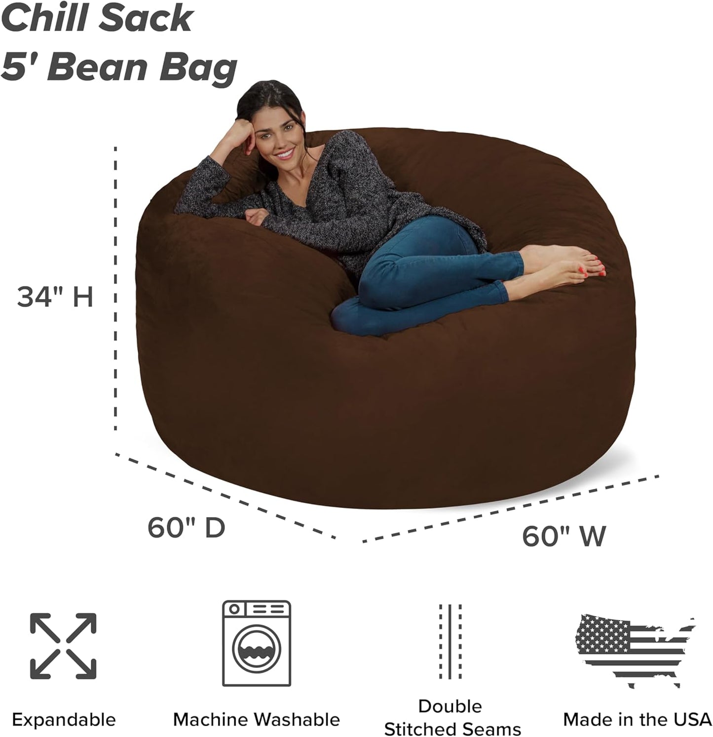 Chill Sack Bean Bag Chair - 5' Giant Memory Foam Lounge Chair with Soft Microfiber Cover – Cozy Furniture for Living Room, Dorm, & Kids' Rooms – Comfortable 5 Ft, Microsuede Lounge Sofa, Chocolate