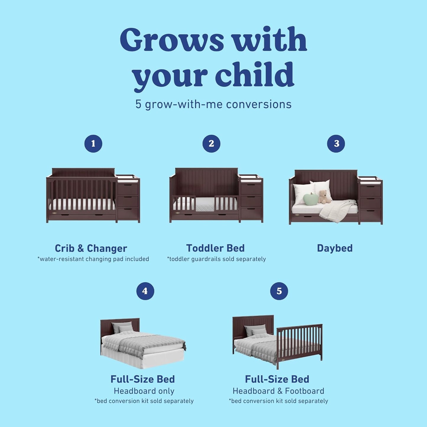 Graco Hadley All-in-One Convertible Crib & Changer (Espresso) – GREENGUARD Gold Certified, Fits Standard Crib Mattress, Converts to Toddler Bed and Full Bed, 4 Adjustable Mattress Heights