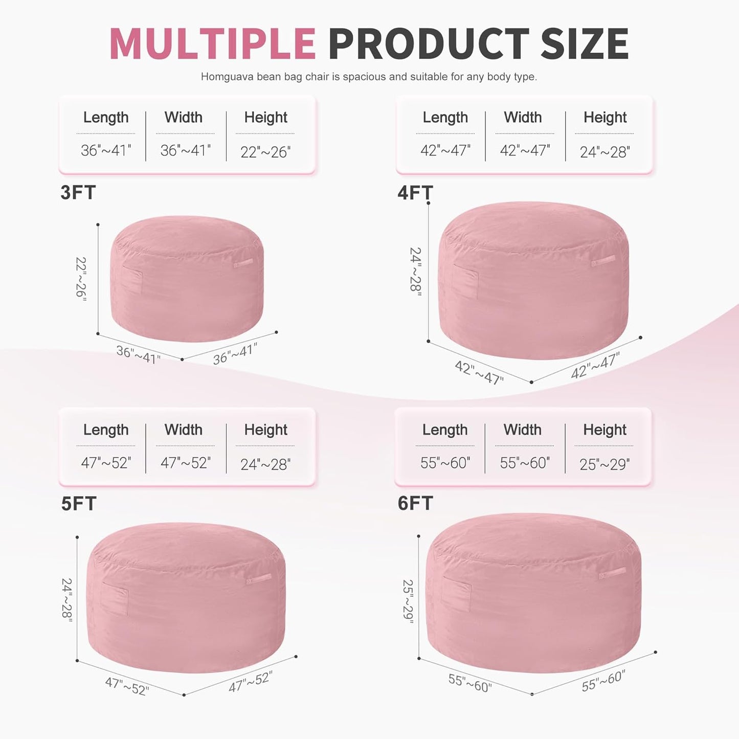 Homguava 3FT Bean Bag Chair: 3' Bean Bags with Memory Foam Filled, Large Beanbag Chairs Soft Sofa with Dutch Velet Cover-Light Pink