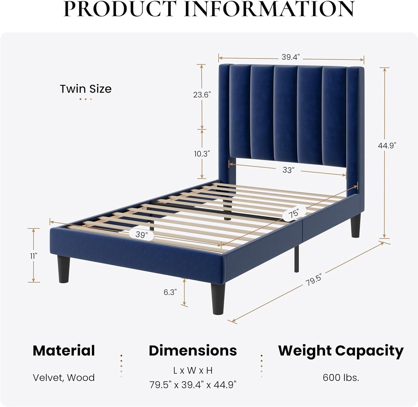 SHA CERLIN Twin Bed Frame/Velvet Upholstered Platform Bed Frame with Headboard/Strong Wood Slats Support/Mattress Foundation/No Box Spring Needed - Dark Blue