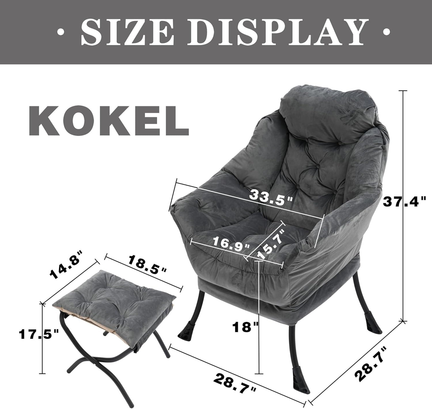 Lazy Chair with Folding Ottoman, Living Room Accent Contemporary Lounge Chair, Single Steel Frame Leisure Sofa with Armrests and Side Pocket (Dark Gray)