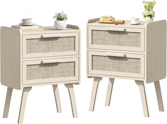 Lerliuo Rattan Nightstands Set of 2, Boho Night Stand with 2 Drawers, Cane Accent Side End Table, Bedside Table with Solid Wood Legs for Bedroom, Dorm and Small Spaces (Grey Oak)