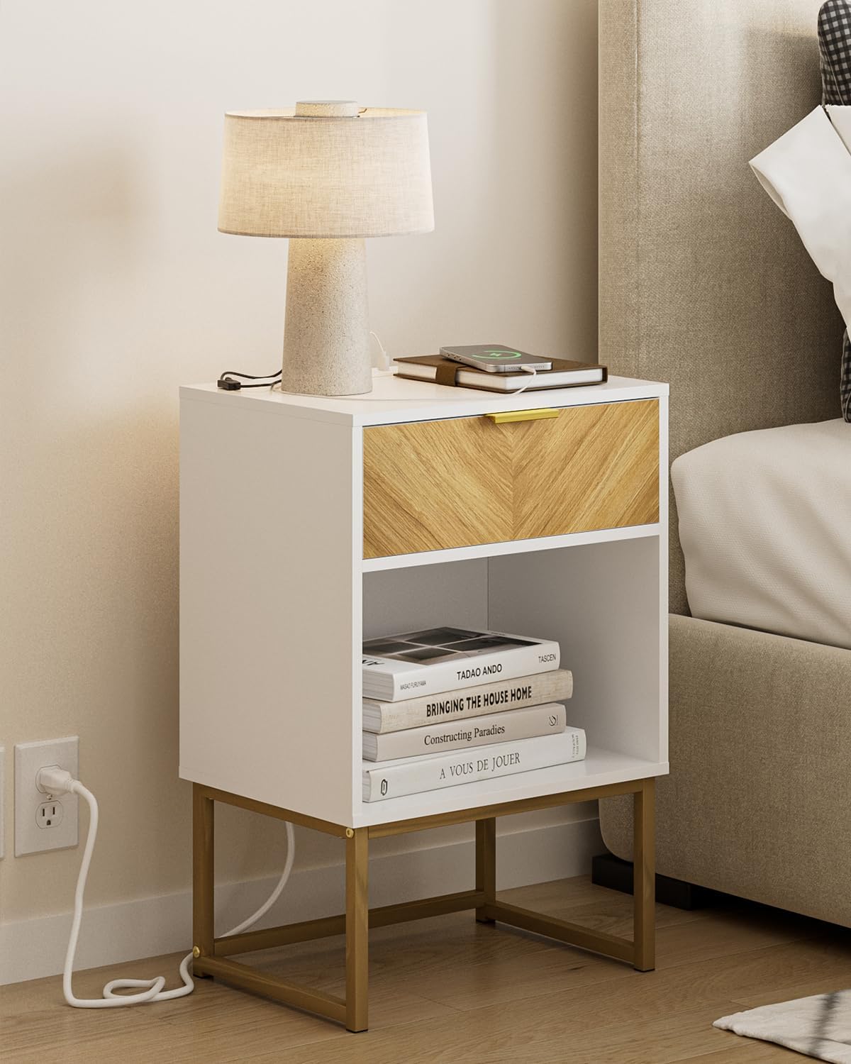 Masupu Extra Large Nightstand with Charging Station,Boho Night Stand Modern Farmhouse Wood Bedside Table with Storage Drawer and Open Shelf,Side End Table for Bedroom,Living Room,Office White