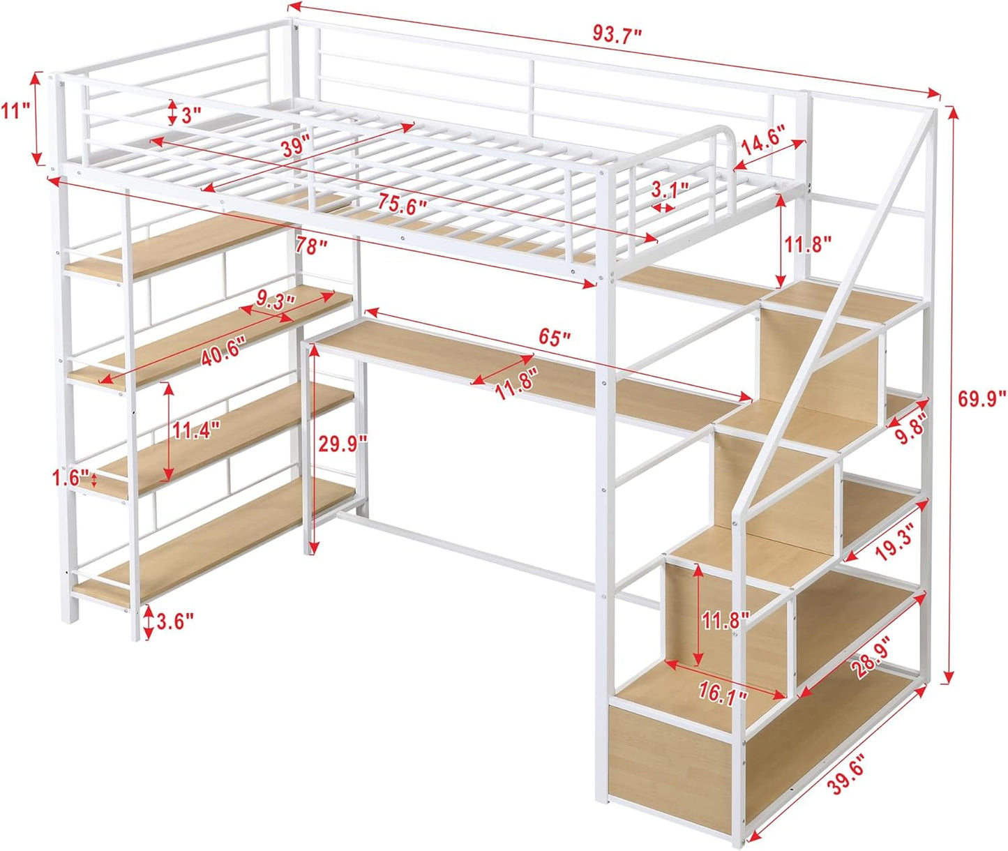 Twin Size Metal Loft Bed with Staircase,Full-Length Guardrails,a Built-in Desk and a 3-Tier Shelf,No Box Spring Needed,Noise Free,for Juniors&Adults,White