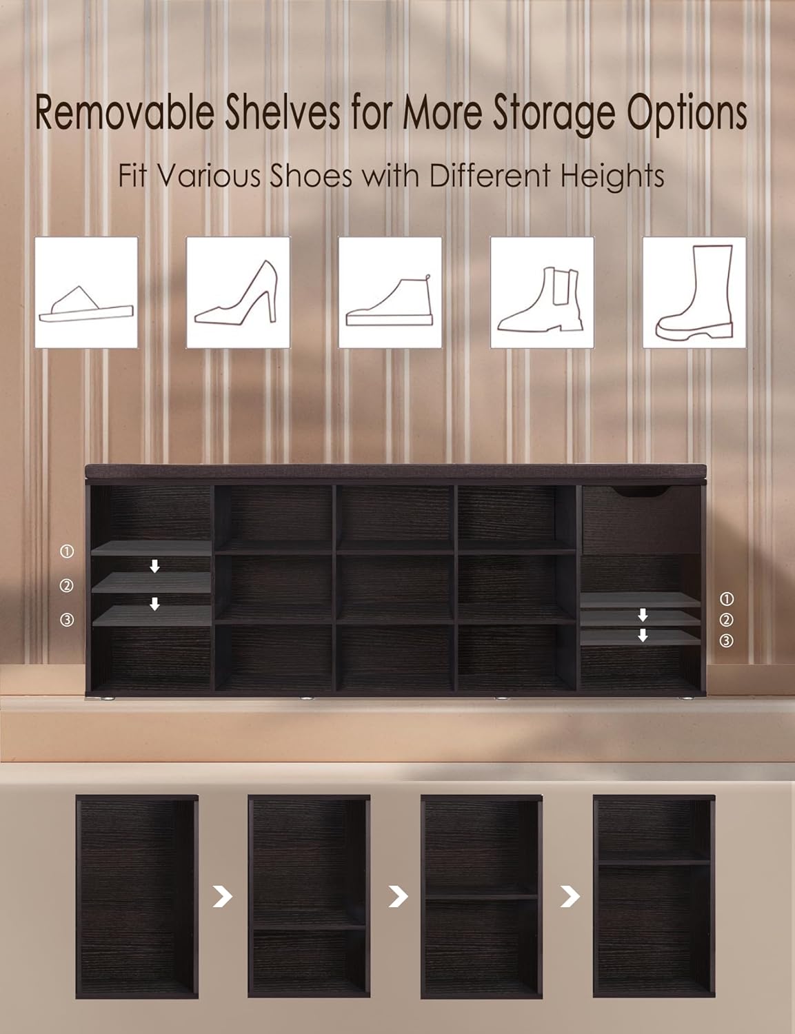 DINZI LVJ Shoe Bench, Entryway Storage Bench with Drawer and 14 Cubbies, Long Cubby Shoe Rack with Adjustable Shelves, Organizer for Living Room, Bedroom, Mudroom, Garage, Espresso