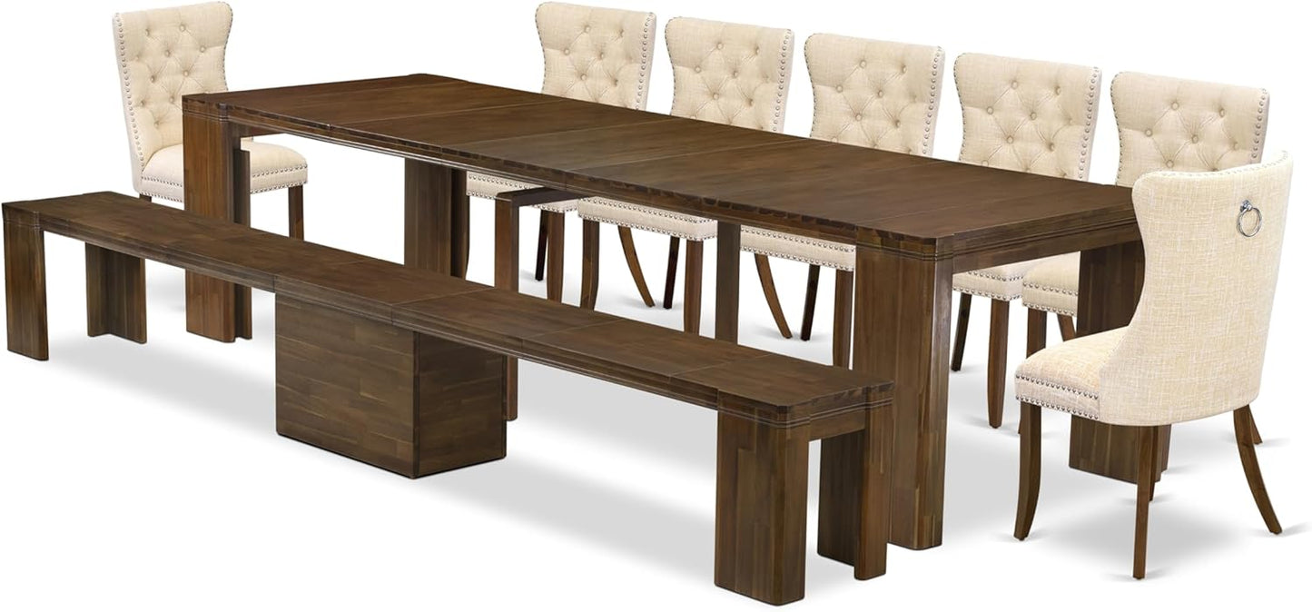 X07DA-B08-32 - 9 Pieces Dining Table Set contains an Extendable Rectangle Kitchen Table, 7 Polyester Fabric Dining Chairs and 1 Modern Bench, 39x120 Inch, Antique Walnut