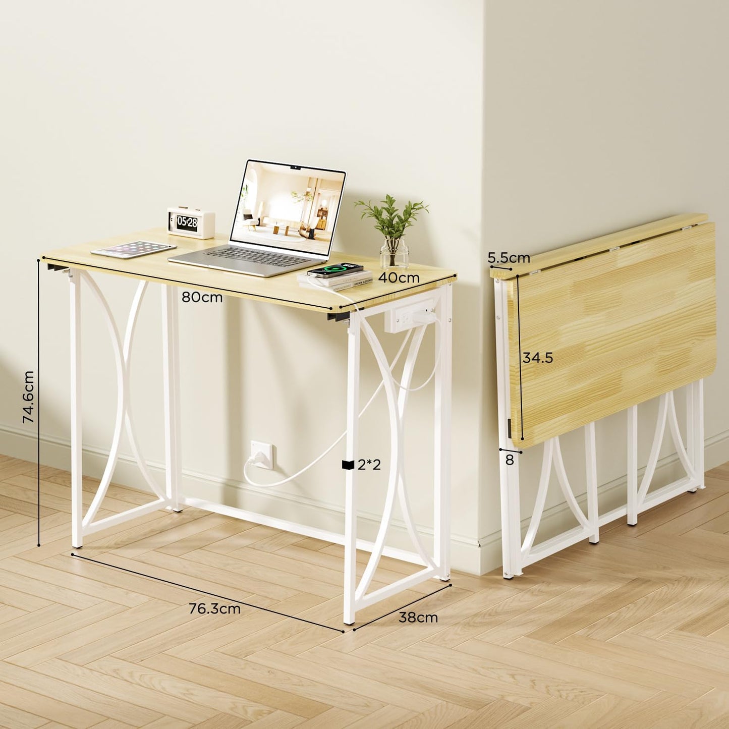 Mini Desk, 31.5" Small Desk for Bedroom with Power Outlet, Foldable Desks for Small Spaces & Home Office, Easy Assembly, Beige Floor Patten