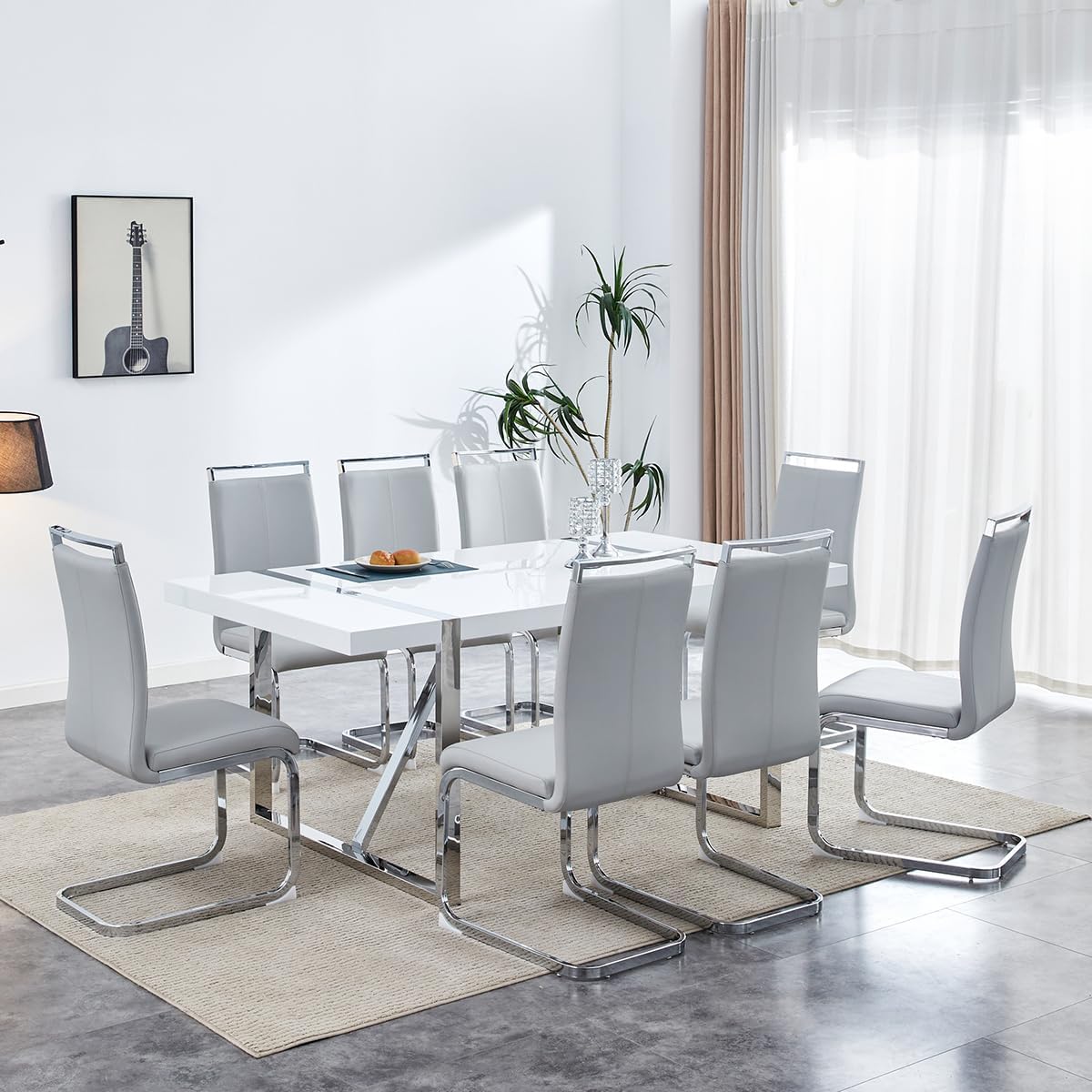 Modern Dining Chairs Set of 8, High Back Kitchen Chairs,Faux Leather Side Chair with Metal Legs, Easy to Clean Upholstered Dining Chairs, Ideal for Living Room(Silver Leg)