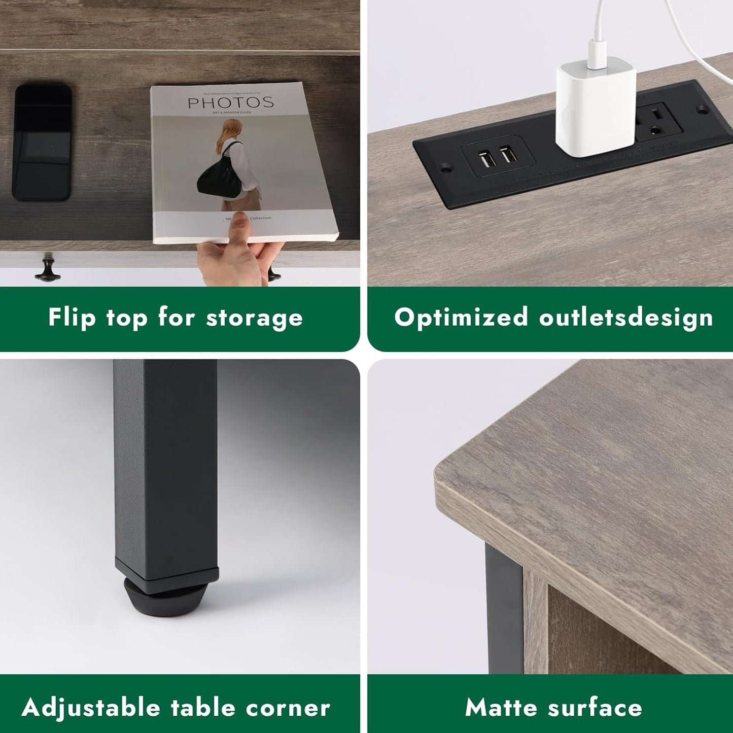 27 Inch Wide Night Stand, Large Wood Night Stand with 2 Drawers, LED Nightstand with Charging Station and Adjustable Drawer, Bedside Table for Living Room/Bedroom/Study/Office, Gray.