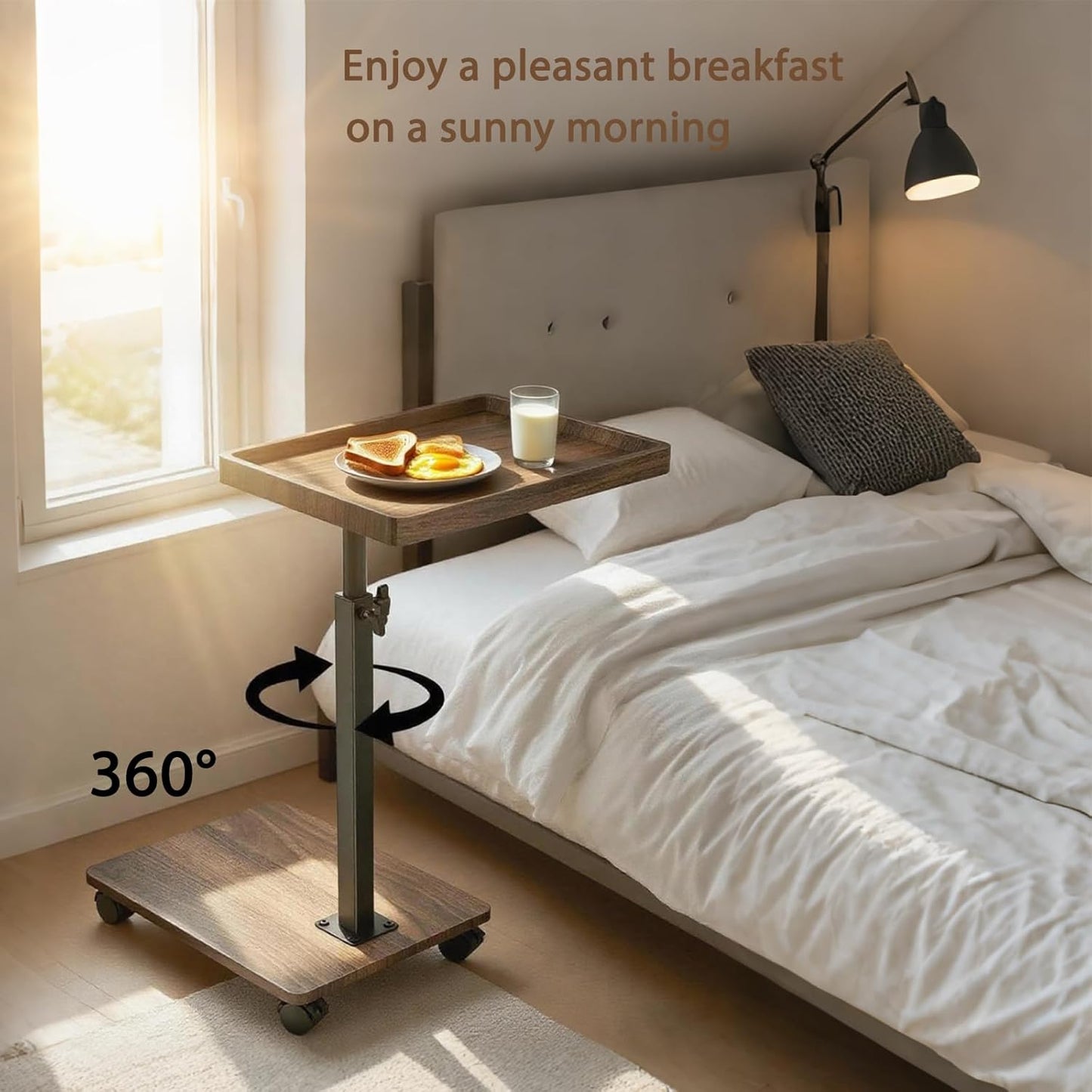 Adjustable Height Couch Tables That Slide Under Sofa, 360° Swivel Modern Tv Tray Table with Wheel, C Shaped End Table for Couch, C Table for Small Place, Perfect for Livingroom, Bedroom