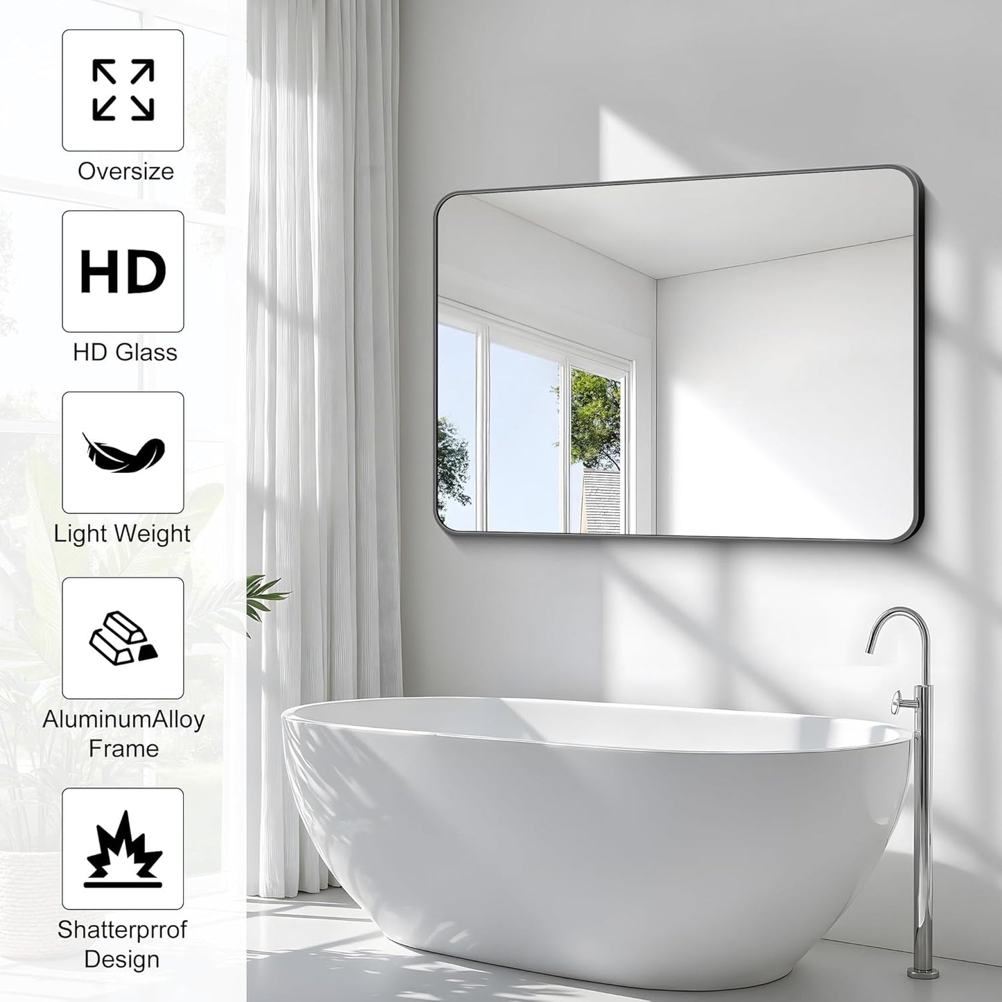 BONEWEI 36x48 inch Bathroom Mirror,Black Rectangle Mirror,Wall Mounted Bathroom Frame Vanity Mirror with Round Corner for Bedroom Living Room, Entryway Hangs Horizontal or Vertical