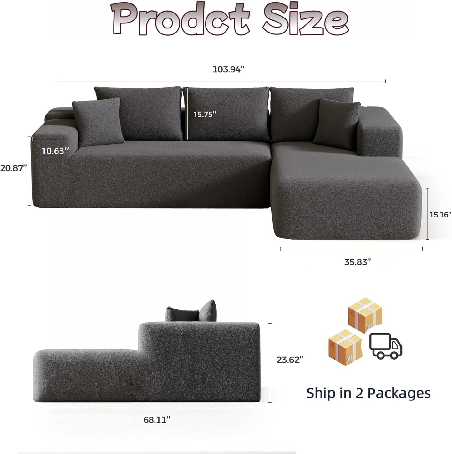 Cloud Sectional Couch, 104”L-Shape Oversized Sofa with Left Chaise Lounge, Modular Sleeper Couch with Pillows & Deep Seat, Rain Drop Velvet Fabric Compressed Sofa for Living Room, Dark Gray