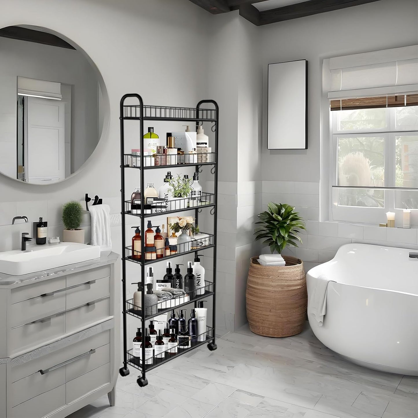 Slim Storage Cart with Wheels, 6-Tier 6in Black Narrow Rolling Shelf,Sturdy Slim Storage Ideal for Kitchen, Bathroom, and Laundry Room