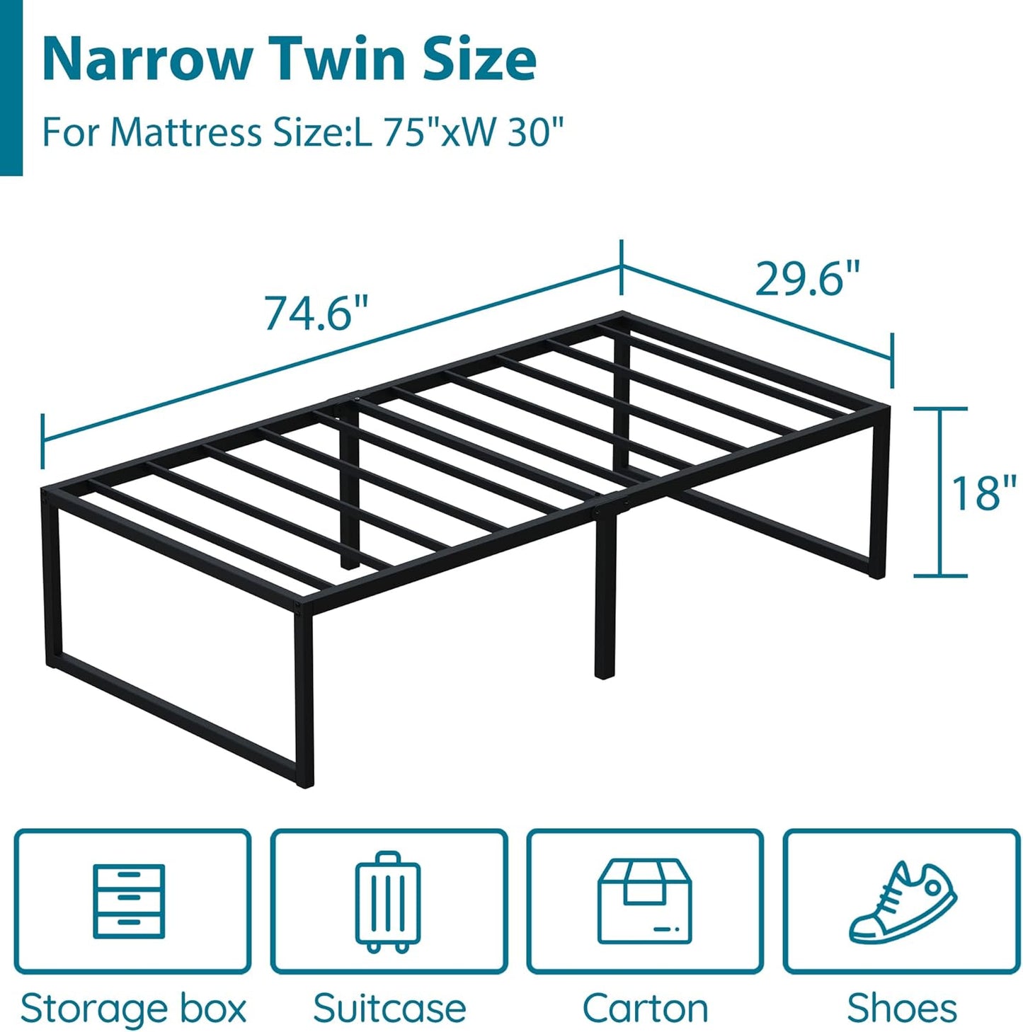 EMODA 18 Inch Narrow Twin Bed Frame 30x75, Heavy Duty Metal Platform No Box Spring Needed, Easy Assembly Noise Free, Black