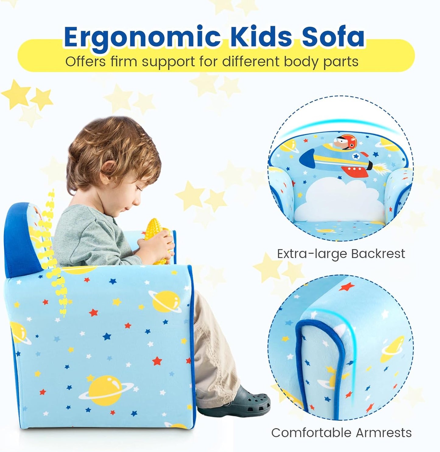 Costzon Kids Couch, Children's Sofa Armrest Chair with Pattern, Toddler Furniture w/Sturdy Wood Construction, Preschool, Lightweight Kids Couch Sofa Chair for Aged 1-5 Boys & Girls Gifts, Airplane