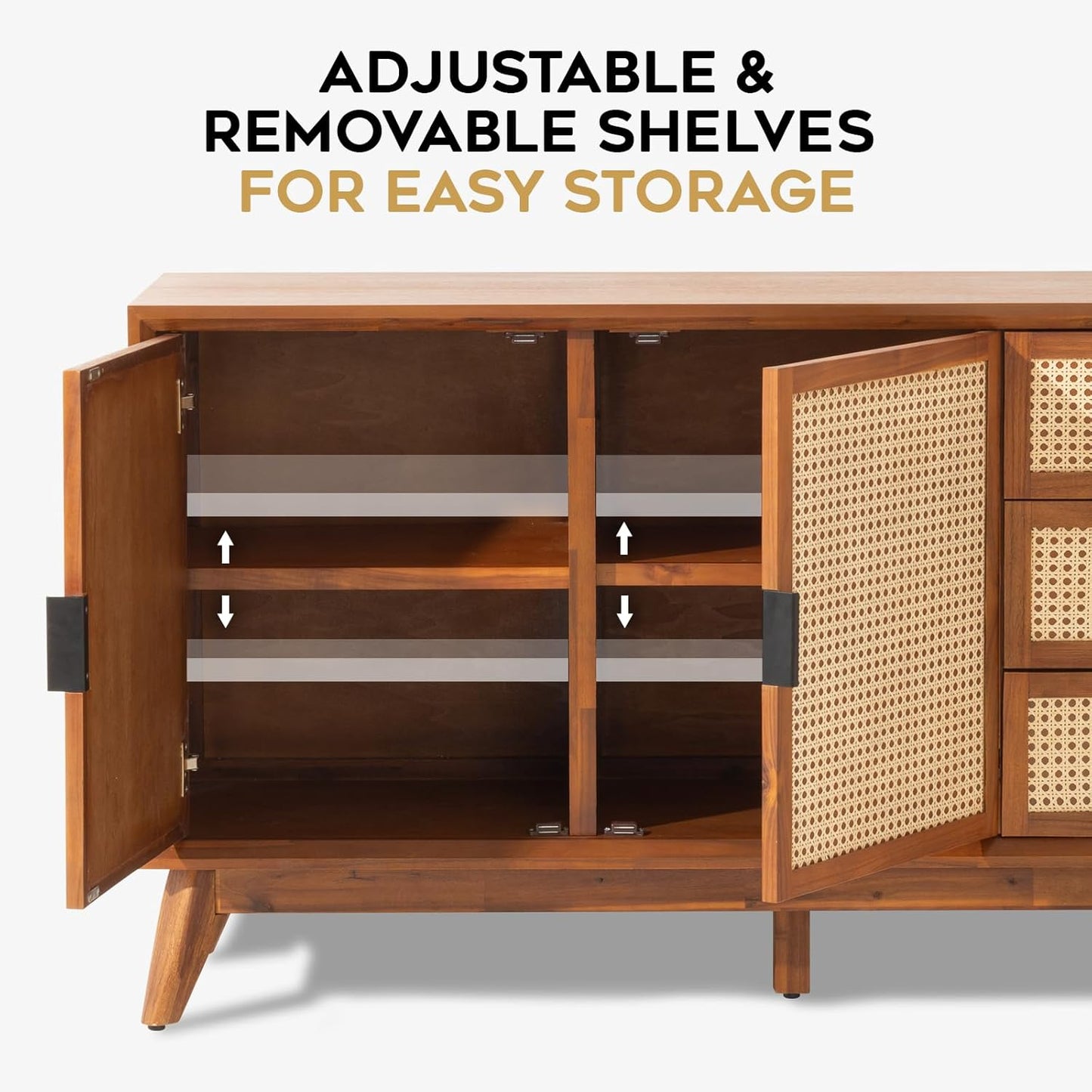 Bme Rattan Pre-Assembled Buffet Sideboard with 3 Drawers & 2 Doors, 58" Accent Console Table Living Room, Kitchen, Dining, Dark Chocolate, Jasper Storage Cabinet