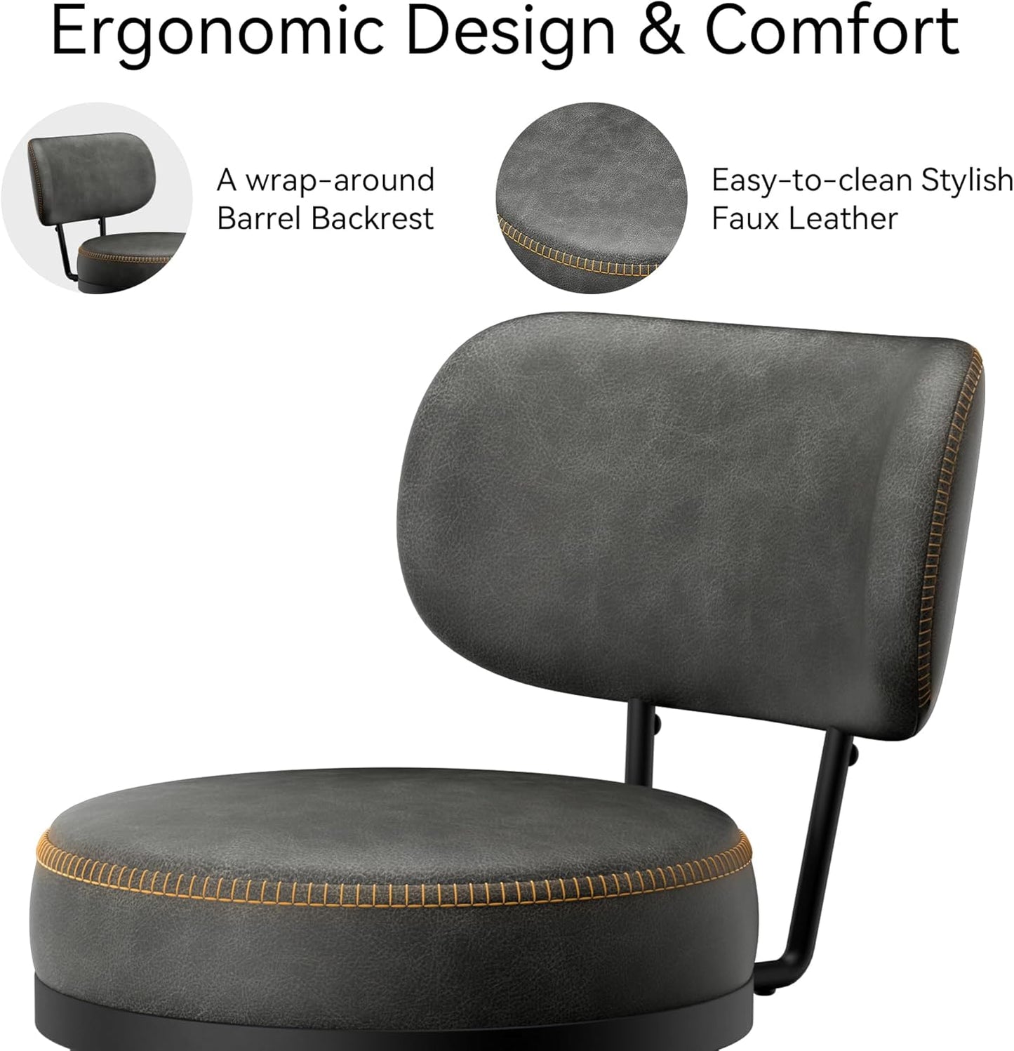 Counter Height Bar Stools, 26" H Swivel Barstools Set of 6, Faux Leather Kitchen Counter Stools with Back and Stylish Stitching, Metal Frame, Pub, Home Bar, Black Grey