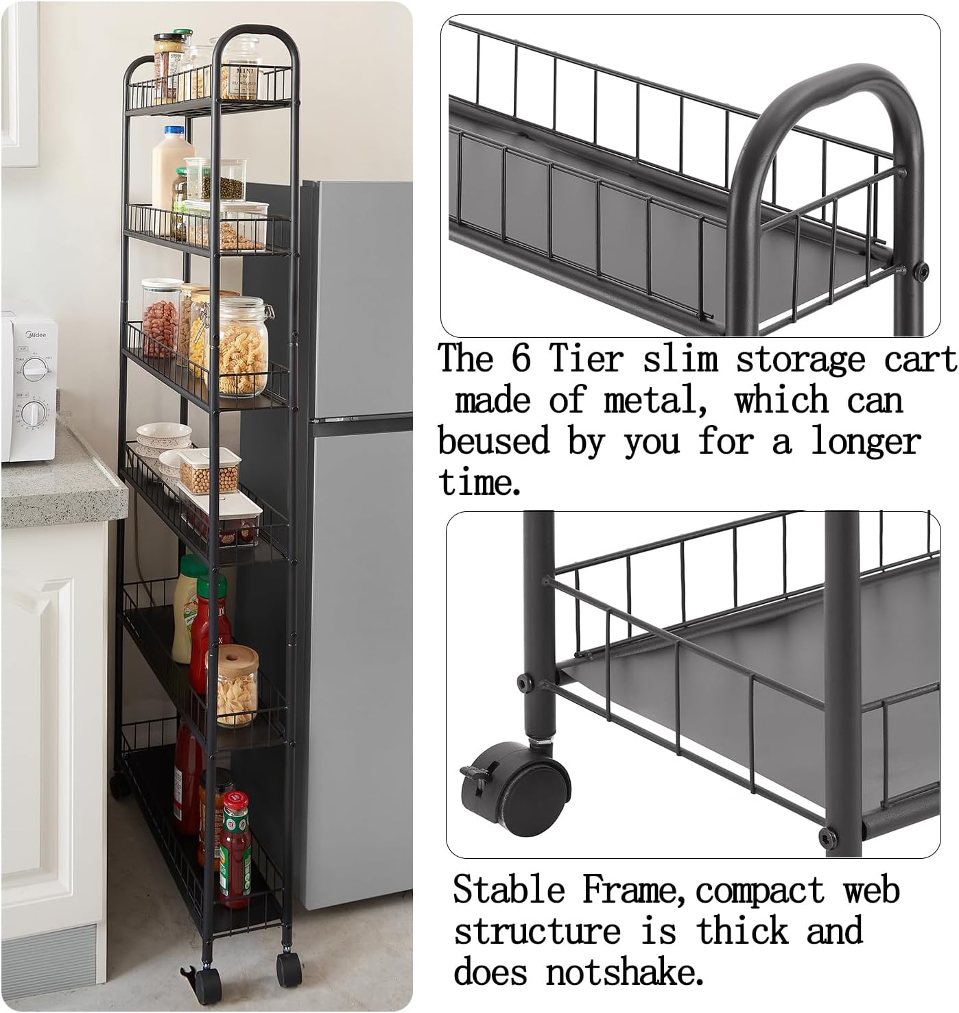 Slim Rolling Cart,6-Tier Storage Cart with Handle, 6in Mobile Shelving Unit with Wheels, Metal Wire Storage Rack with Baskets for Kitchen Bathroom Office Laundry Narrow Piaces