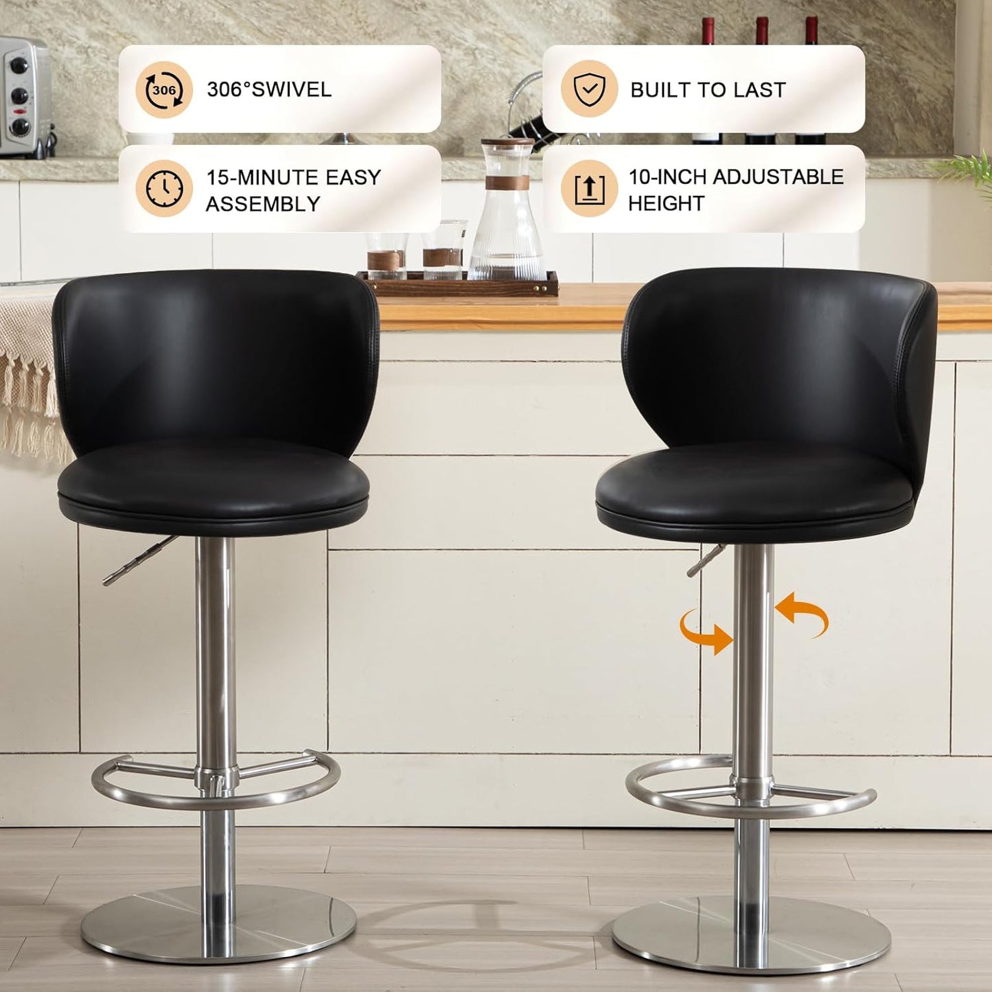 RAINMOOD Bar Stools,Adjustable Stainless Steel Swivel Barstools,Faux Leather Upholstered Bar Chair with Back and Footrest, for Bar, Kitchen Counter, Dining Room