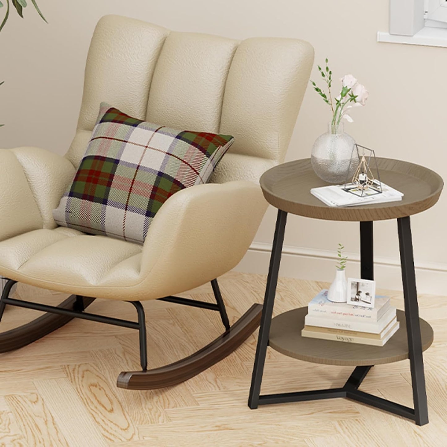 Gadroad Round End Table with Storage Shelf, 2 Tier Farmhouse Side Table Nightstand for Living Room, Bedroom, Wood Tabletop & Black Metal Frame, Walnut Color 15.7 * 15.7 * 23.0inches