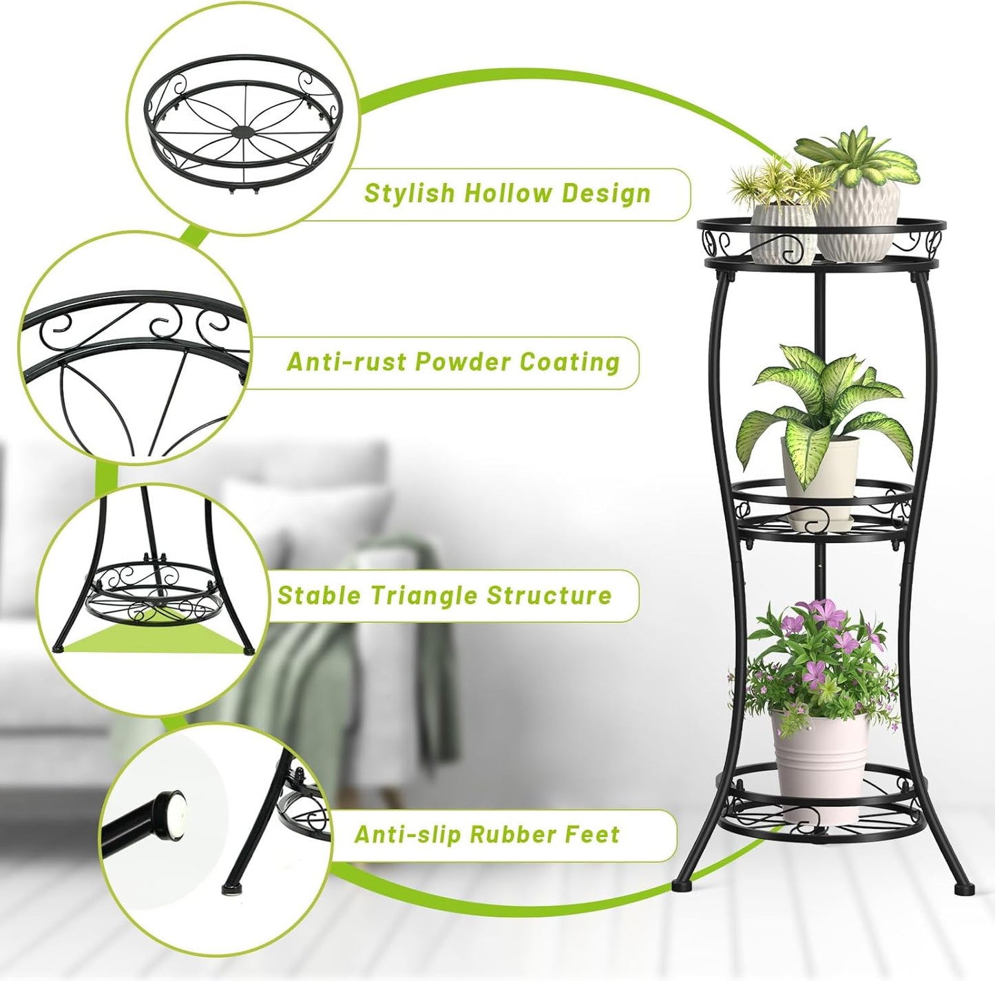 KMOTASUO 3 Tier Tall Metal Plant Stand, 33 Inch Plant Stands Indoor Outdoor, Rustproof Iron Flower Pot Holder Display Rack for Corner Patio Garden Balcony Living Room(Black)