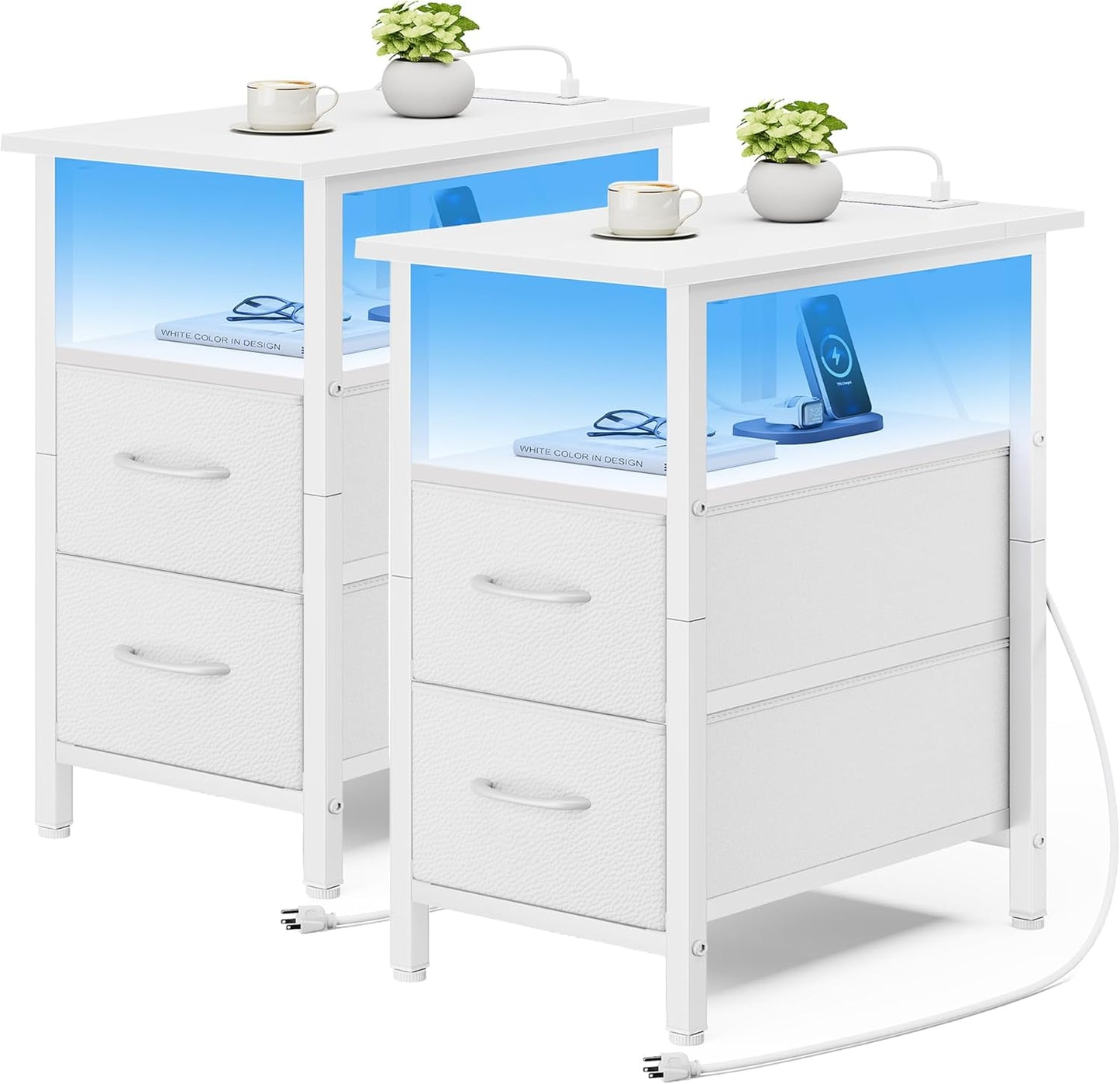 Vagusicc Set of 2 White Nightstand with Charging Station and LED Lights, Narrow Side Table, LED Night Stand with 2 Fabric Drawers, Bedside Table Small End Table, Tall Nightstand for Bedroom, White