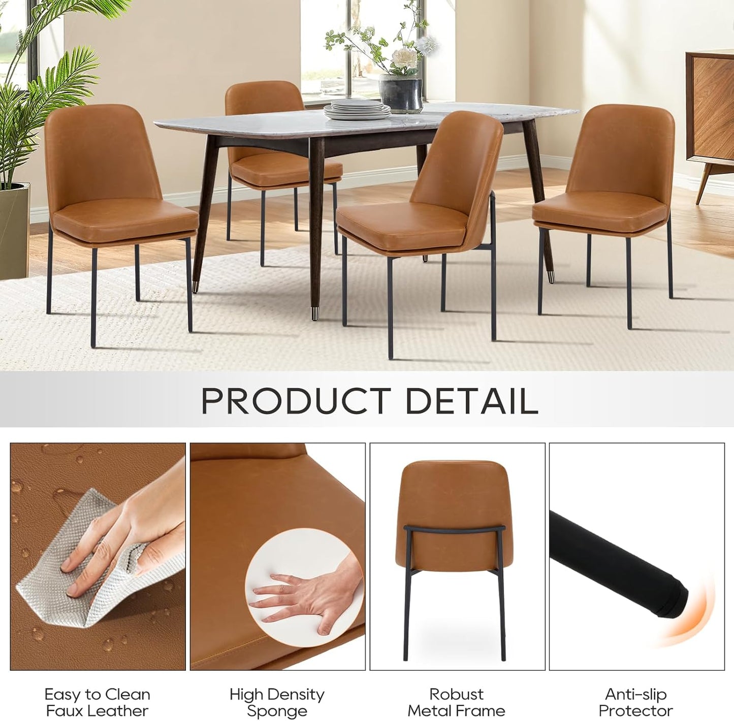 COLAMY Modern Dining Chairs Set of 2, Faux Leather Upholstered Dining Room Chairs Kitchen Chairs Dinner Chair with Curved Back and Metal Legs, Brown