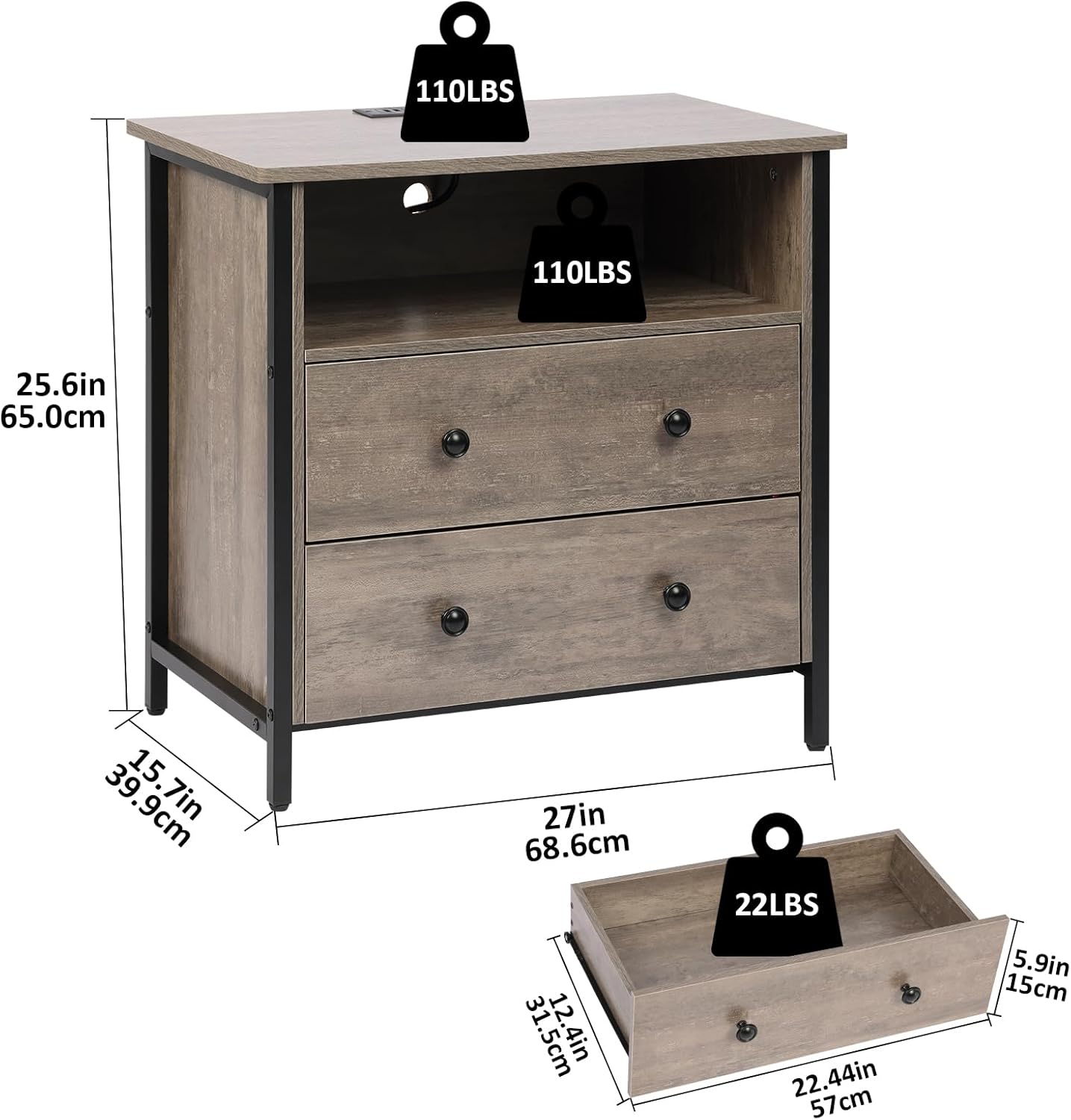 27 Inch Wide Night Stand, Large Wood Night Stand with 2 Drawers, LED Nightstand with Charging Station and Adjustable Drawer, Bedside Table for Living Room/Bedroom/Study/Office, Gray.