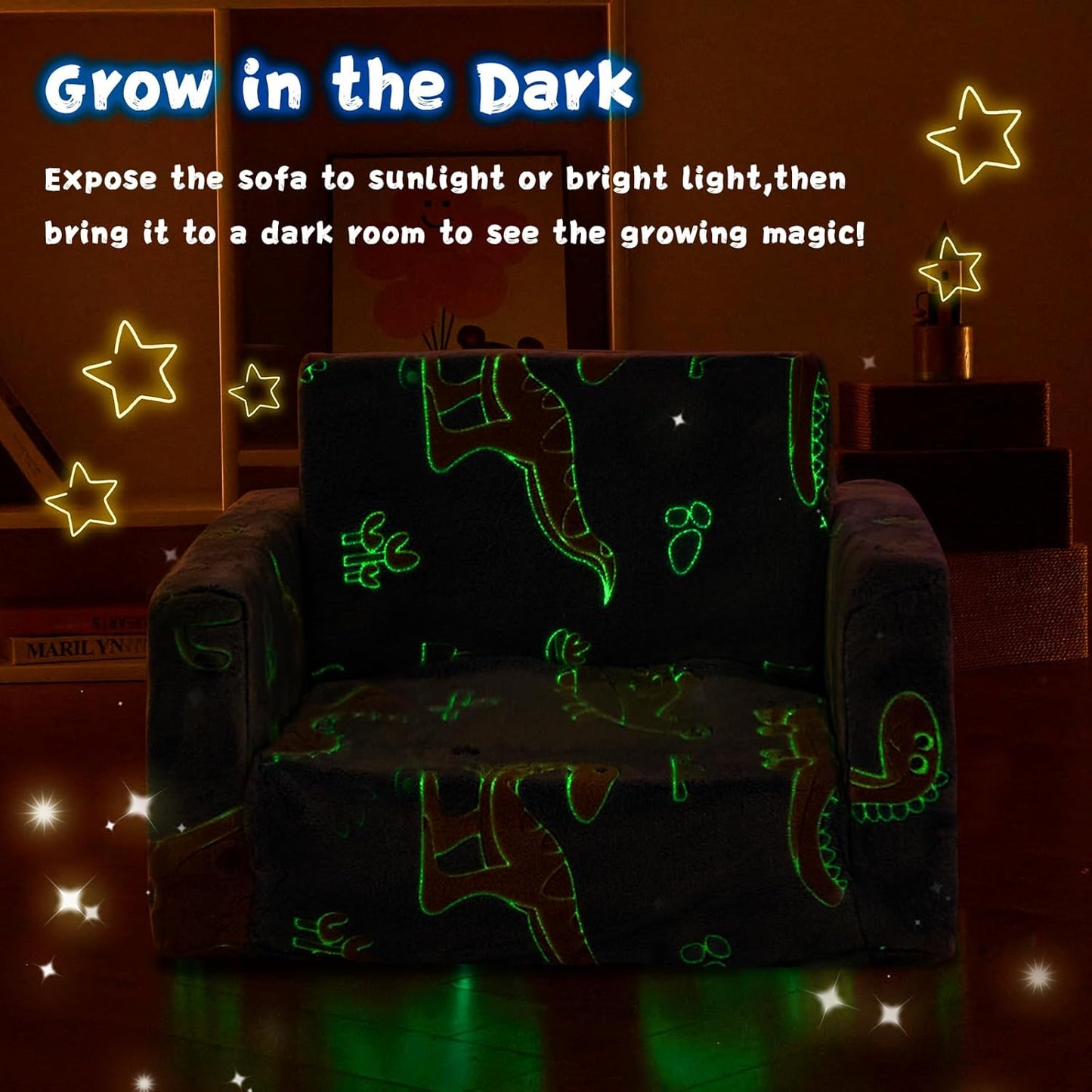 Toddler Chair Comfy,2-in-1 Soft Toddler Couch Fold Out for Kids,Convertible Sofa to Lounger,Gift for Girls and Boys Birthday,Dinosaurs,Medium