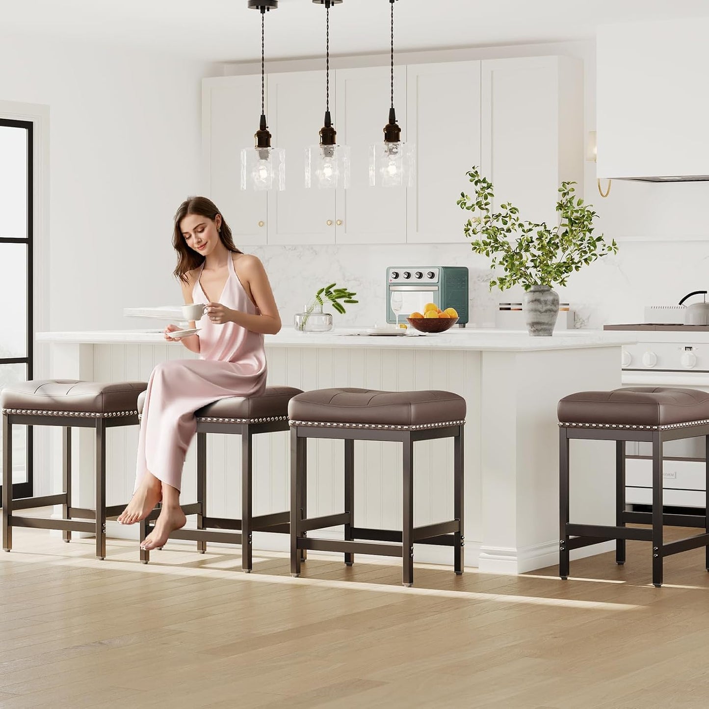 MALOL Set of 4 Saddle Bar Stools Counter Height 24.4”, Backless Barstools for Kitchen Island, Modern PU Leather Cushioned Seat, Bar Chairs for Kitchen Counter, Breakfast Bar Stools for Home,Brown