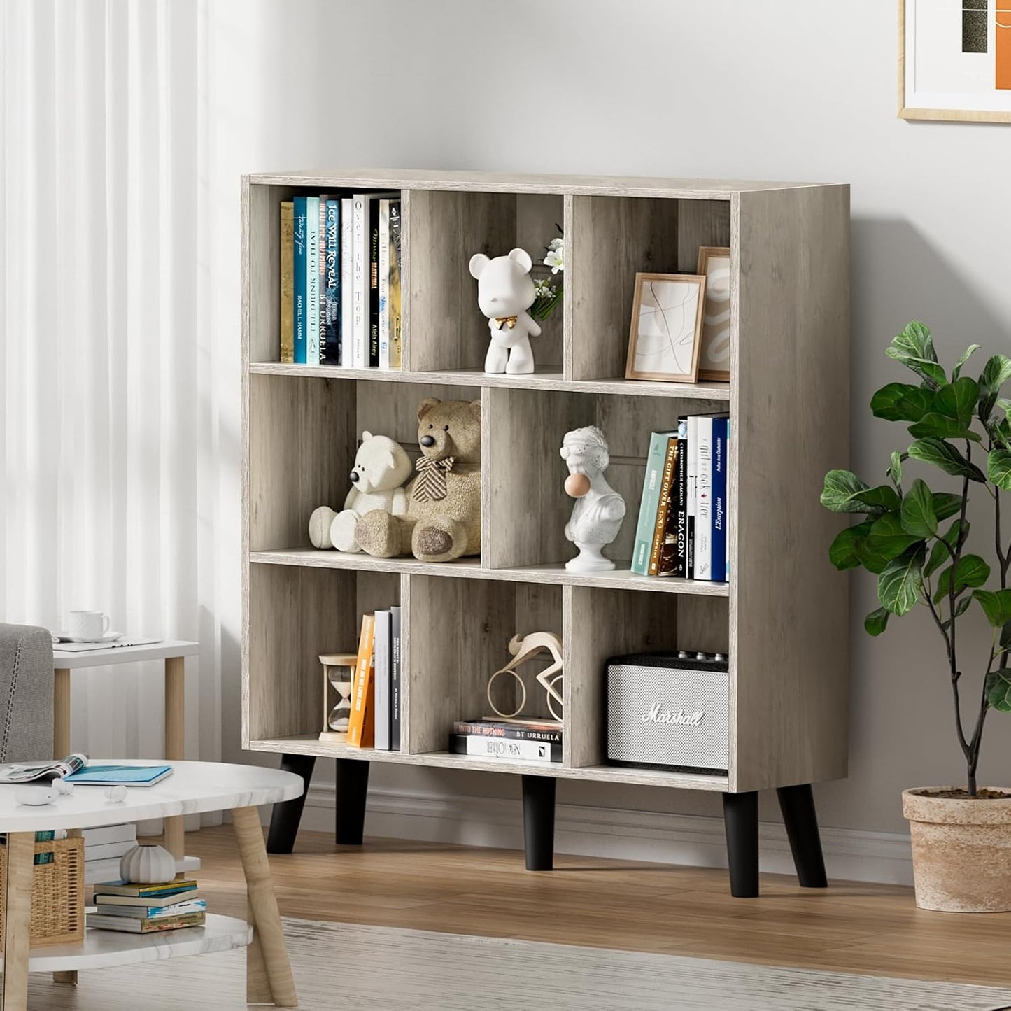 LEYAOYAO 8 Cube Bookshelf, 3 Tier Modern Bookcase with Legs, Mid-Century Modern Wood Book Shelves Storage, Retro Grey Book Case, Freestanding Organizer Display Shelf for Bedroom,Living Room,Office