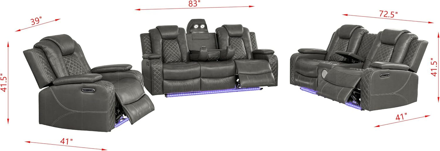 Ball & Cast Power Recliner Sofa Set Leather Reclining Sofa Set Living Room Furniture Set 3PCS Recliner Couch Loveseat & Chair Sets with Wireless Charging,Bluetooth Speaker,Cup Holders for Home Theater