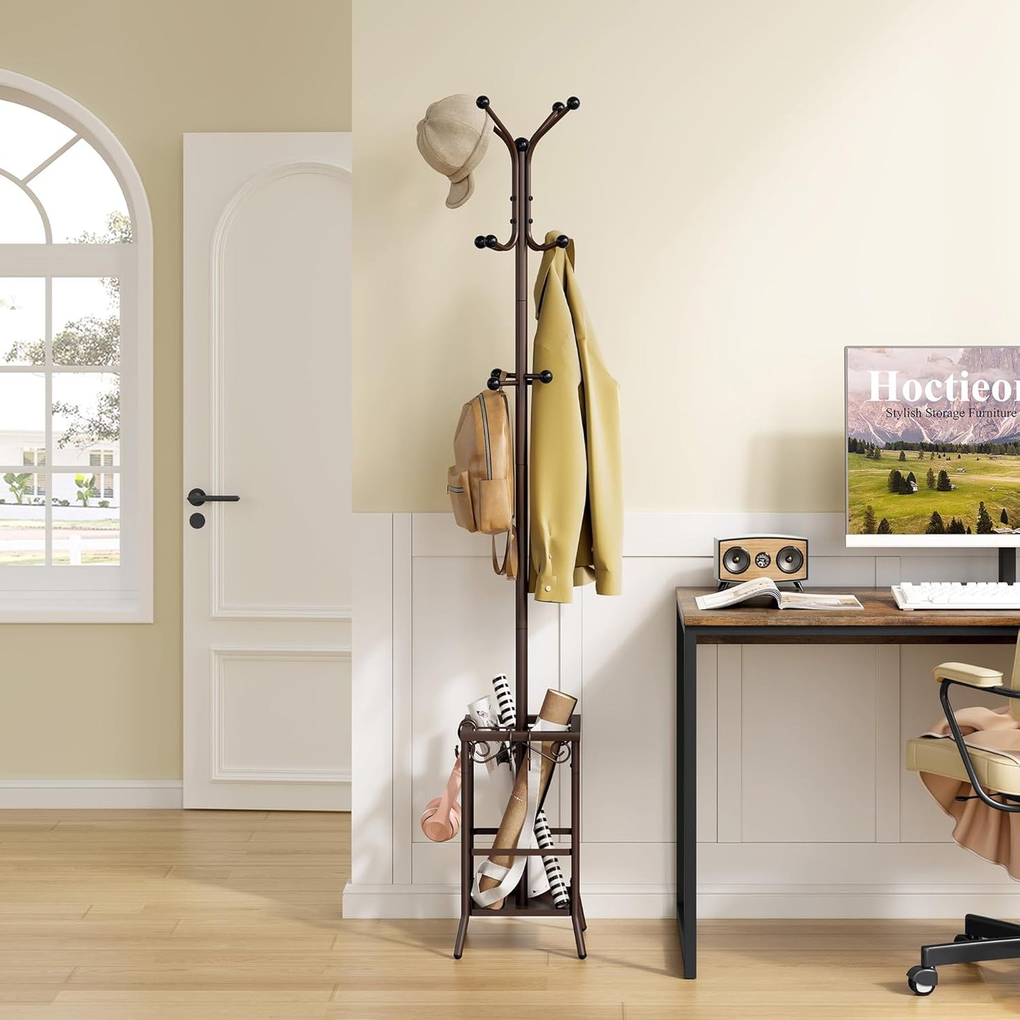 Hoctieon Coat Rack Freestanding, Coat Tree with Umbrella Holder, Metal Coat Rack Stand with 12 Hooks, Standing Coat Hanger Stand, Umbrella Stand for Entryway, Hat Rack Stand for Home Office, Brown
