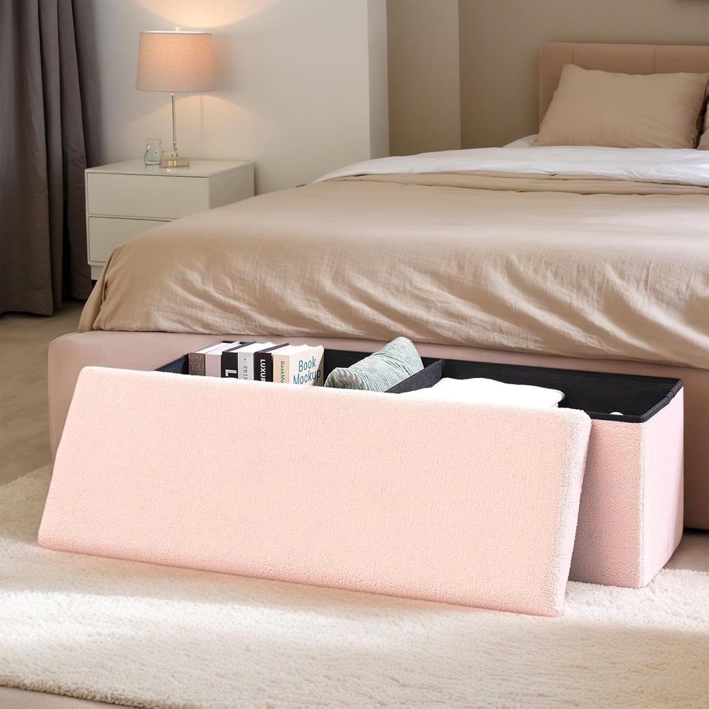 43 Inches Storage Ottoman Bench - Extra Large Foldable Ottoman with Storage, Bench for Living Room, Bedroom, Entryway - Pink