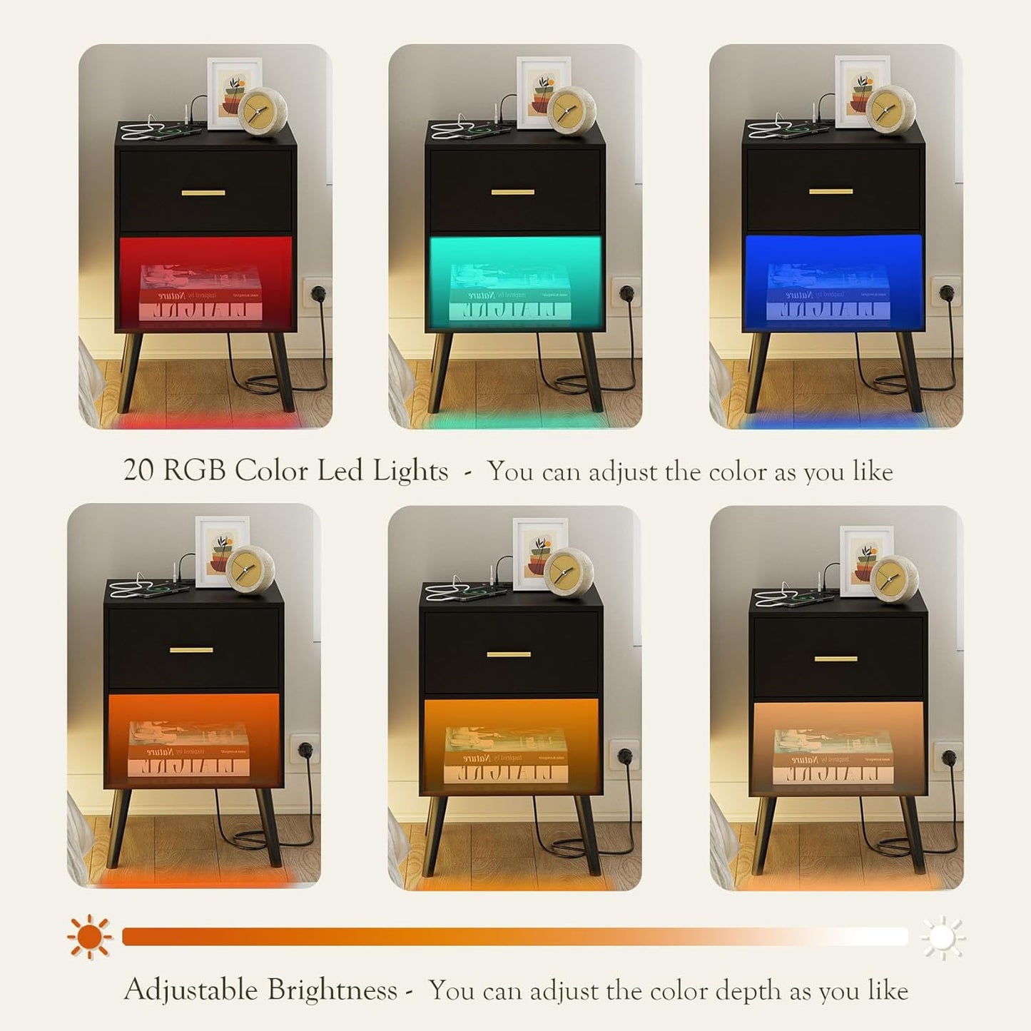 Nightstand with Charging Station and LED Lights, Small Side Table, Bedside Table with Drawer, Modern Night Stand, End Table for Bedroom, Living Room (Black)