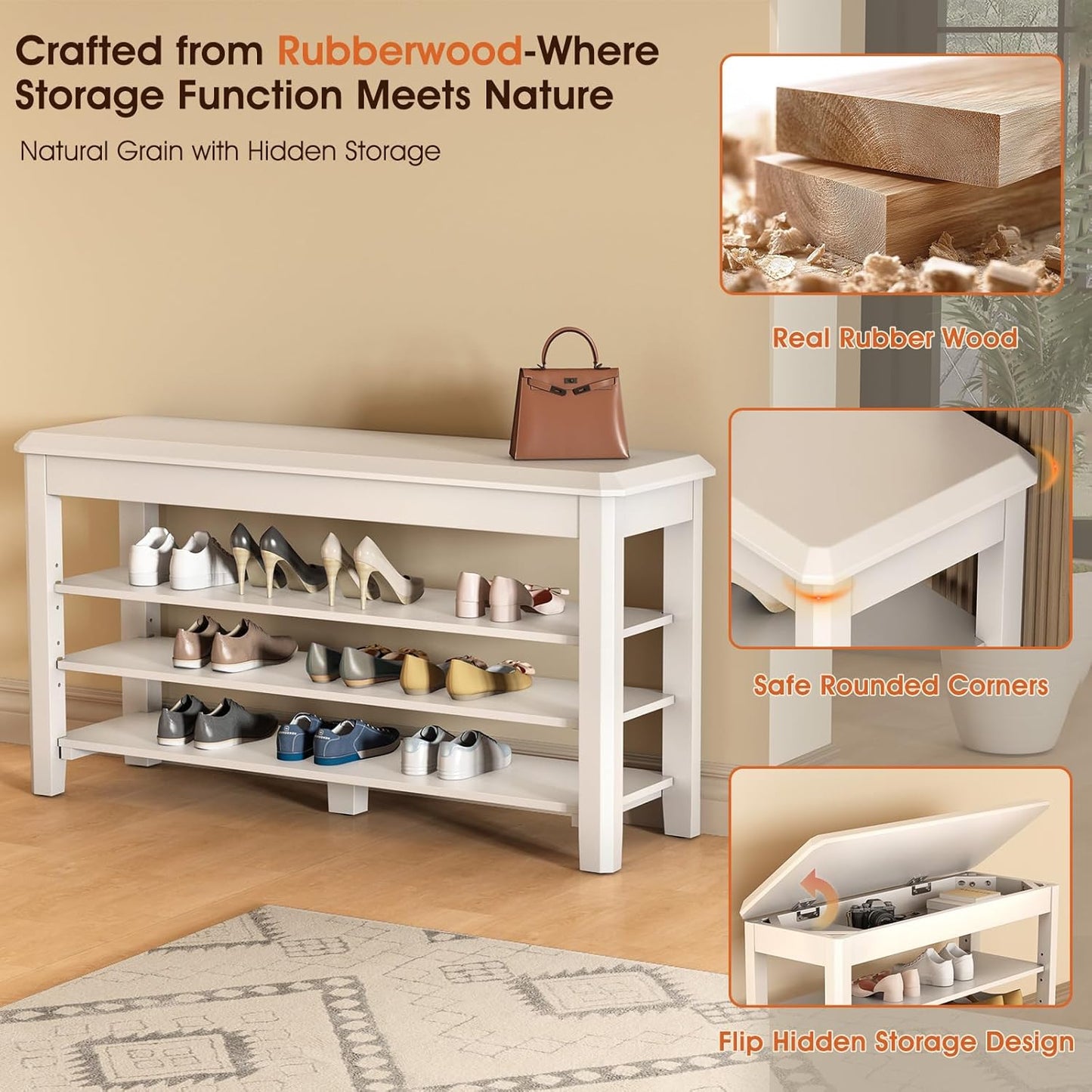 Shoe Rack Bench Seat Rubberwood 3-Tier Wooden Storage Bench 550lbs Compact Mid-Century Modern Design for Entryway, Hallway, Closet, Front Door Entrance, Foyer