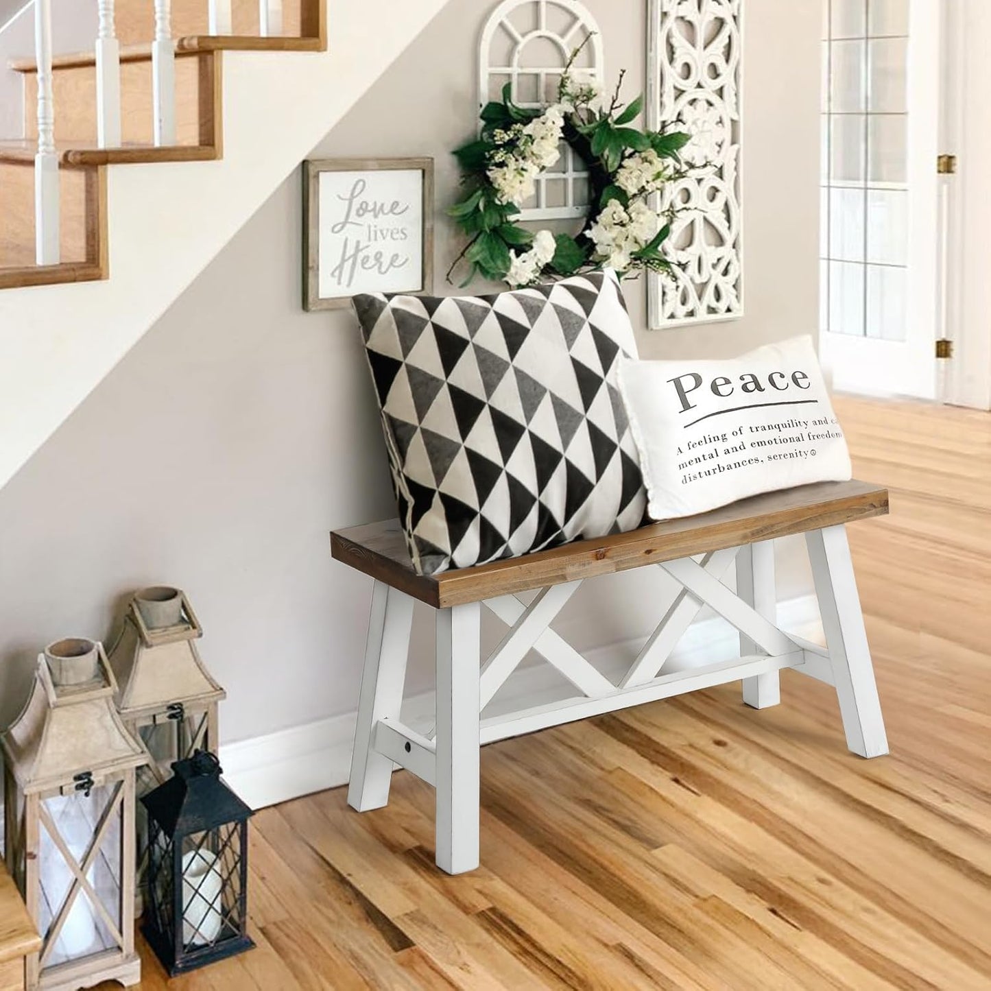 Wnutrees 30" Farmhouse Wood Bench, Rustic Solid Wood Entryway Bench Seat with Double X-Structure for Dining Room, Living Room, Hallway, Structural Stability, White