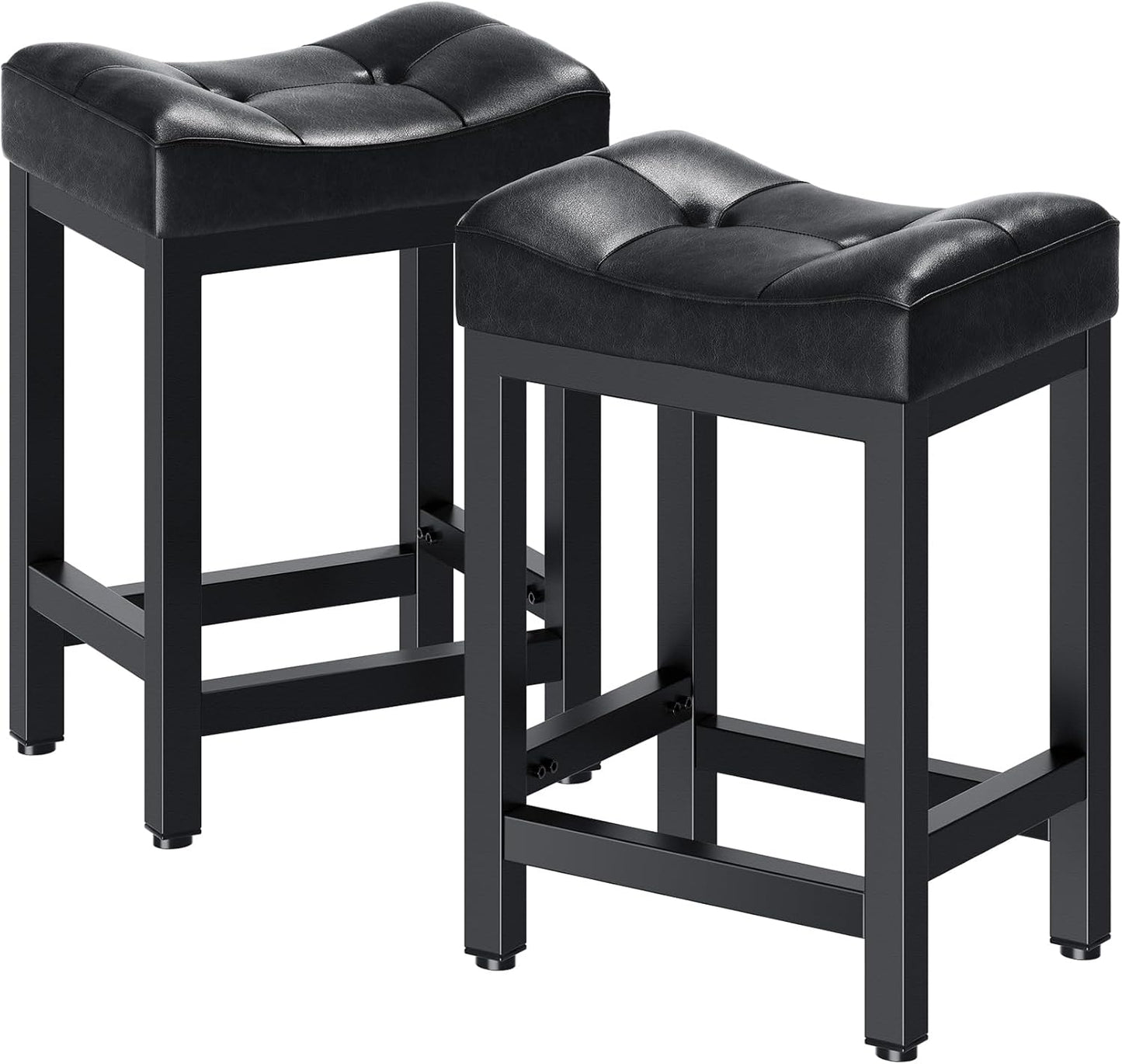 Dripex Backless Faux Leather Saddle Bar Stools Set of 2, 24 Inch Counter Height Barstools for Kitchen Island with 4" Thick Saddle Seats & Heavy Duty Metal Legs, Black