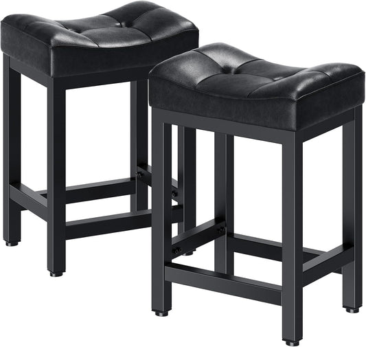 Dripex Backless Faux Leather Saddle Bar Stools Set of 2, 24 Inch Counter Height Barstools for Kitchen Island with 4" Thick Saddle Seats & Heavy Duty Metal Legs, Black
