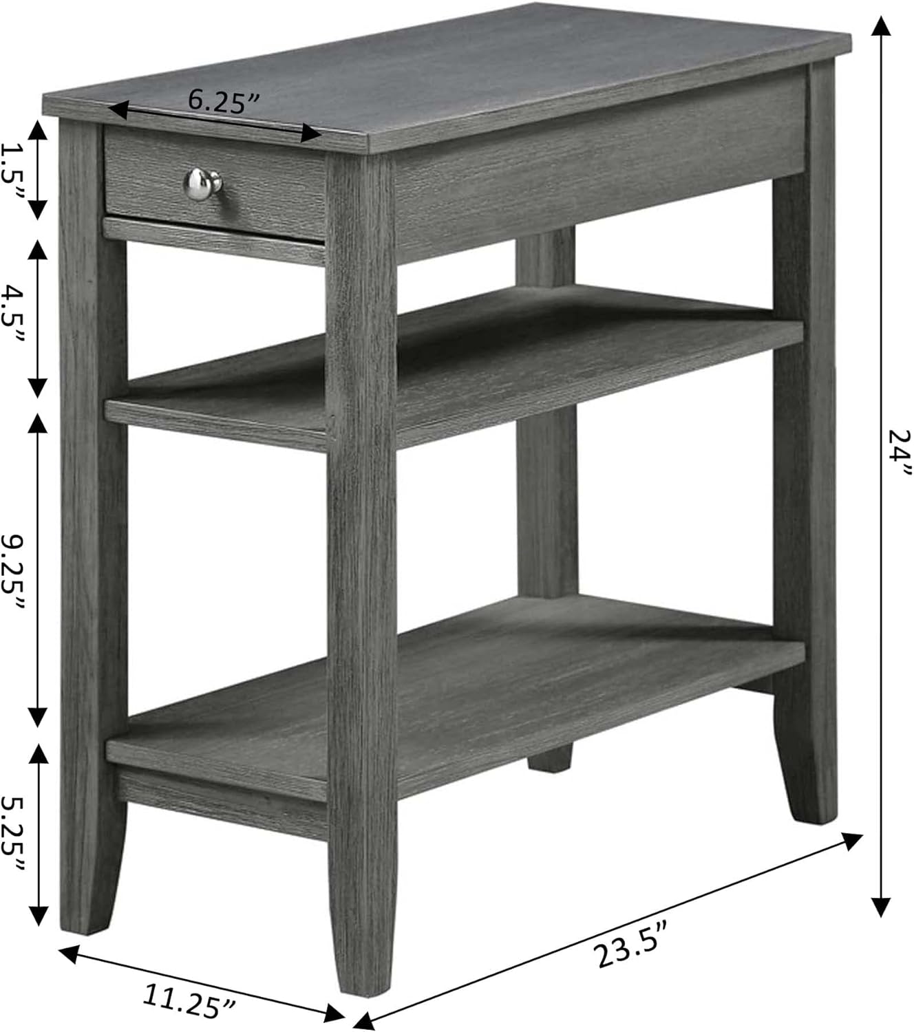 Convenience Concepts American Heritage Chairside End Table with Drawer 23.5" - Classic Living Room Table with Storage Shelf, Bedroom Nightstand, Wirebrush Dark Gray