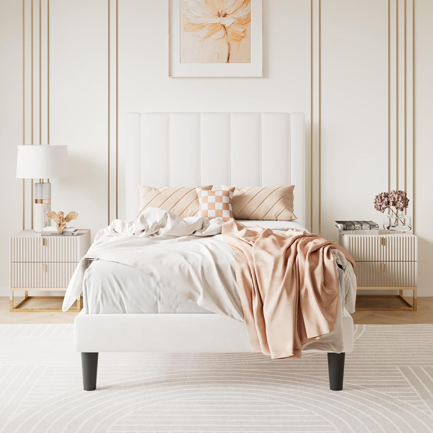 SHA CERLIN Twin Bed Frame/Velvet Upholstered Platform Bed Frame with Headboard/Strong Wood Slats Support/Mattress Foundation/No Box Spring Needed/Easy Assembly/White