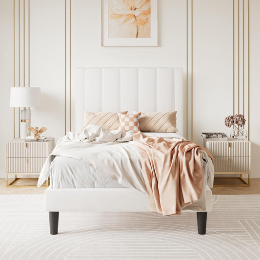 SHA CERLIN Twin Bed Frame/Velvet Upholstered Platform Bed Frame with Headboard/Strong Wood Slats Support/Mattress Foundation/No Box Spring Needed/Easy Assembly/White