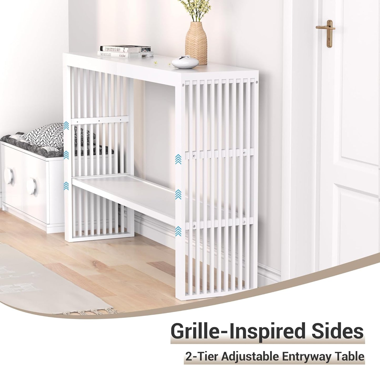 Bamboo Wood Console Table 47.2" Entryway Table, 2-Tier Farmhouse Narrow Sofa Table w/Storage Shelf, Couch Table Behind Sofa Easy Assembly for Entrance, Hallway, Living Room, Foyer(White)